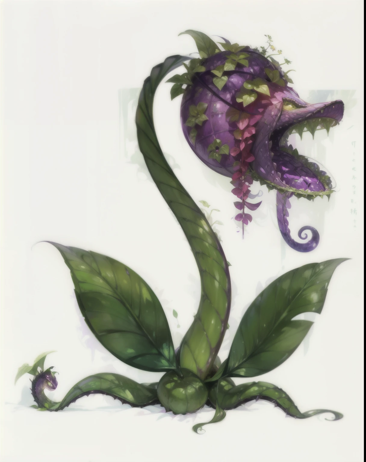 a close up of a flower with green leaves and a purple flower, ( ( fantasy plants ) ), carnivorous plant, a plant monster, alien plant, plant monster, magical garden plant creatures, alien flower, art nouveau alien botanicals, carnivorous plants, vicious snapping alligator plant, deadly alien plants, alien flora, strange flora, a humanoid thistle monster