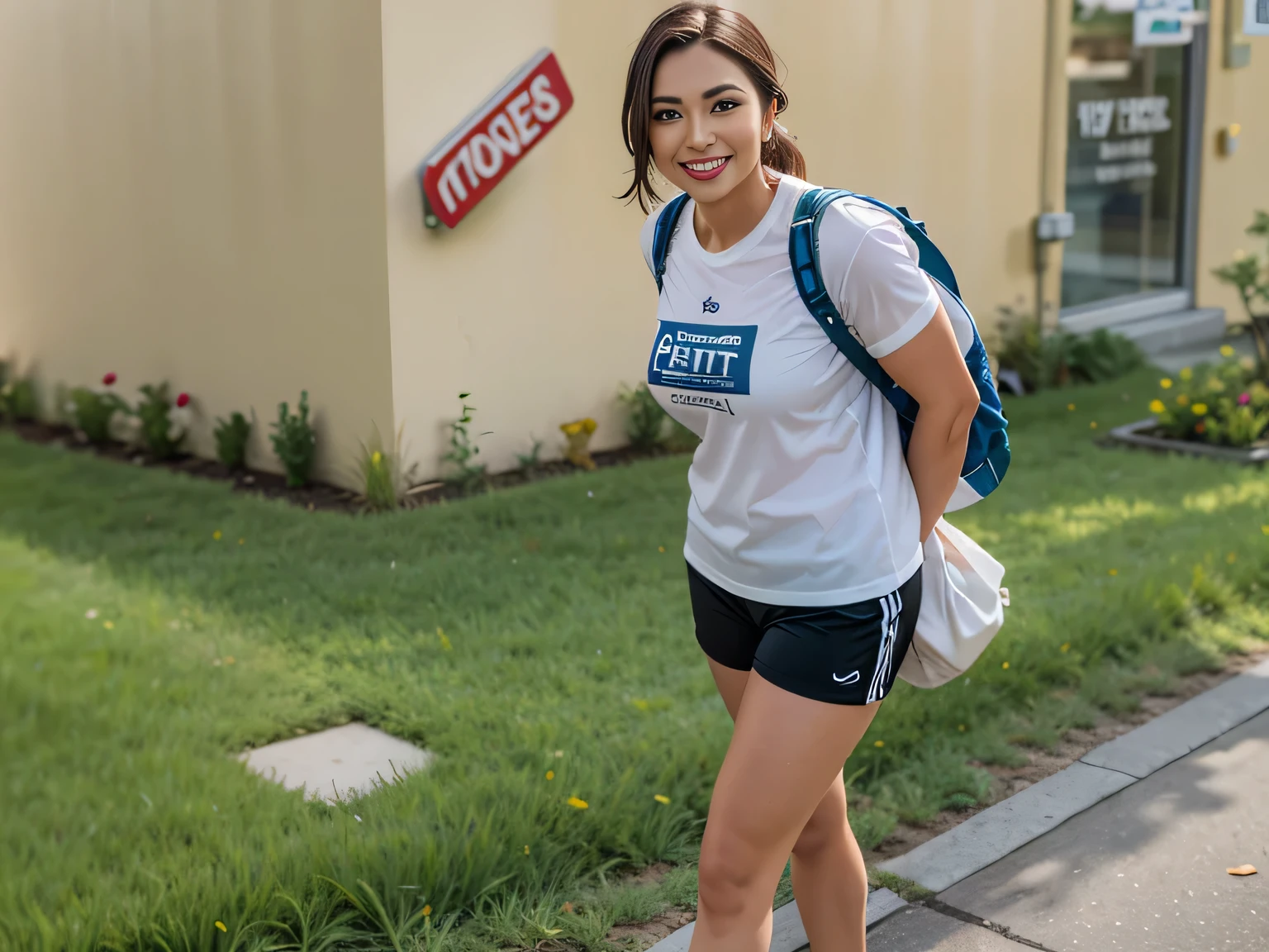 smiling woman in a white shirt and black shorts standing on the sidewalk, student, walking proudly down the street, in front of an inn, in the background, beautiful scenery. She is 155 cm tall and around 40 years old. A woman with tanned white skin and dark hair. She is around 40 years old. She has slightly full lips and dark brown eyes. Perfect body, slim body, slim waist. tanned skin, soft lips, red lipstick, a feeling of lightness and joy, hyperrealism, very elaborate skin. Fitness woman, fit woman, physically fit woman, full body photo, clear photo, high quality, high resolution, masterpiece, 8K.