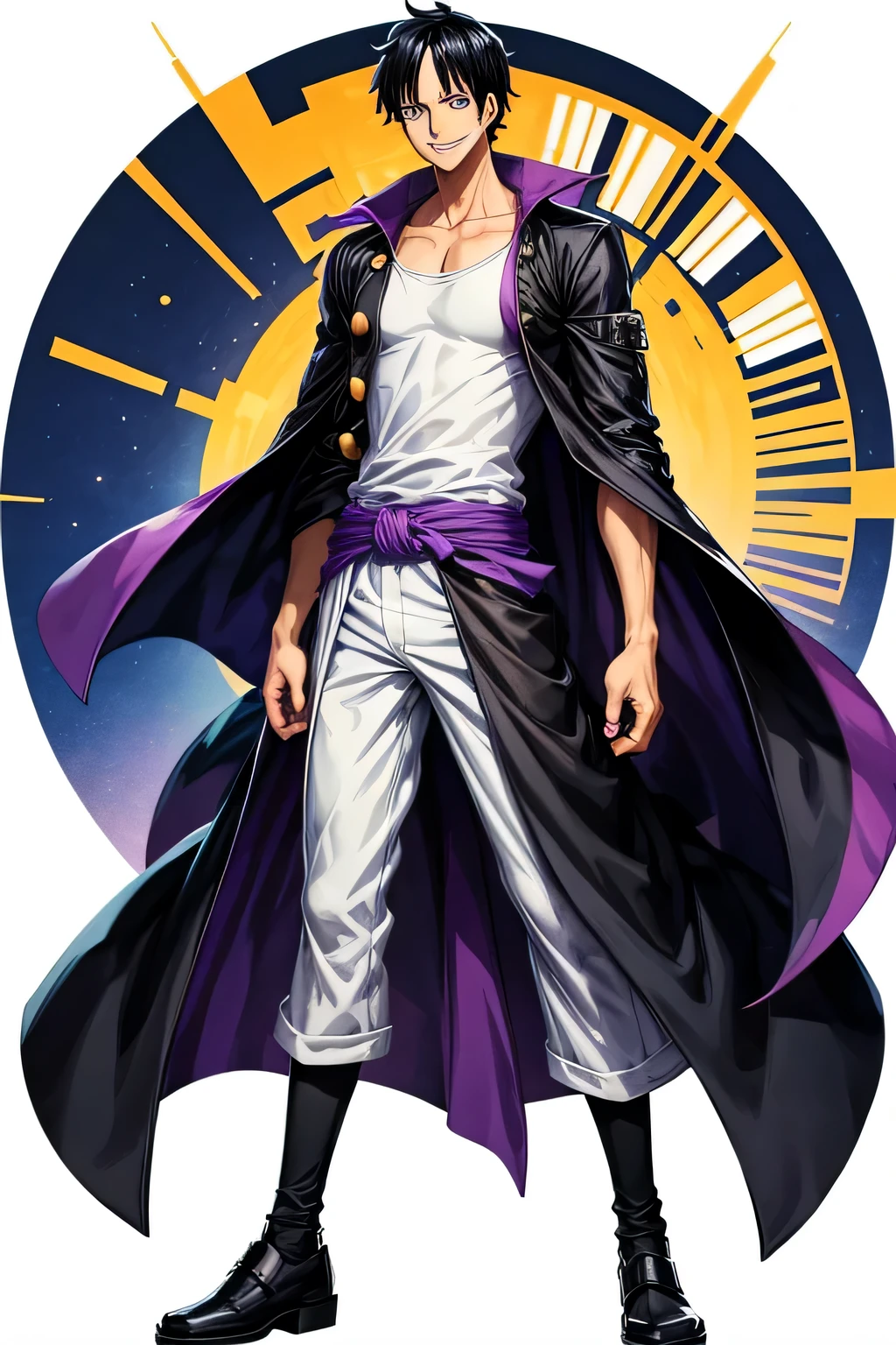 One piece art style. A tall guy with short black hair habib wide smile, using long purple coat, with white t-shirt inside, and long black legging. Strong aura