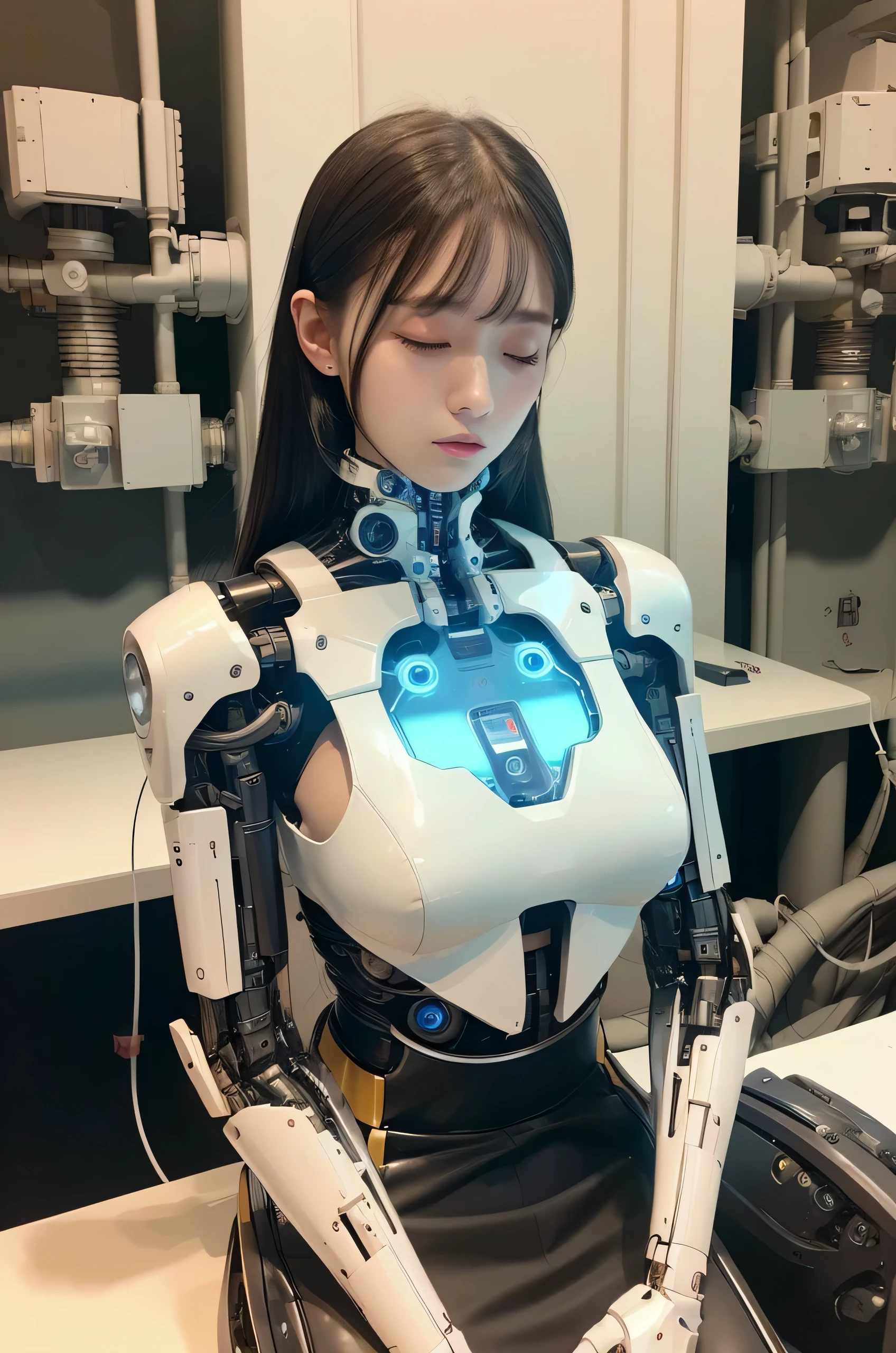 masterpiece, Best Quality, Extremely detailed,8K Portrait,1girl in, Japanese android girl,Plump , announcer,control panels,android,Droid,Mechanical Hand, ,Robot arms and legs, Black hair,Mechanical body,Blunt bangs,White Robotics Parts,perfect robot woman,Charging spot,Long Tube,A thick cable was connected to his neck.,ceramic body ,Mechanical body, mechanical ear covers,android,robot humanoid,a bit Chubby,pantiy,complete eyes,Perfect machine body,White robot body,The laboratory of the future,android factory,mechanical ear covers,White and light blue uniform,light blue accent costume,(closing eyes:1.5)