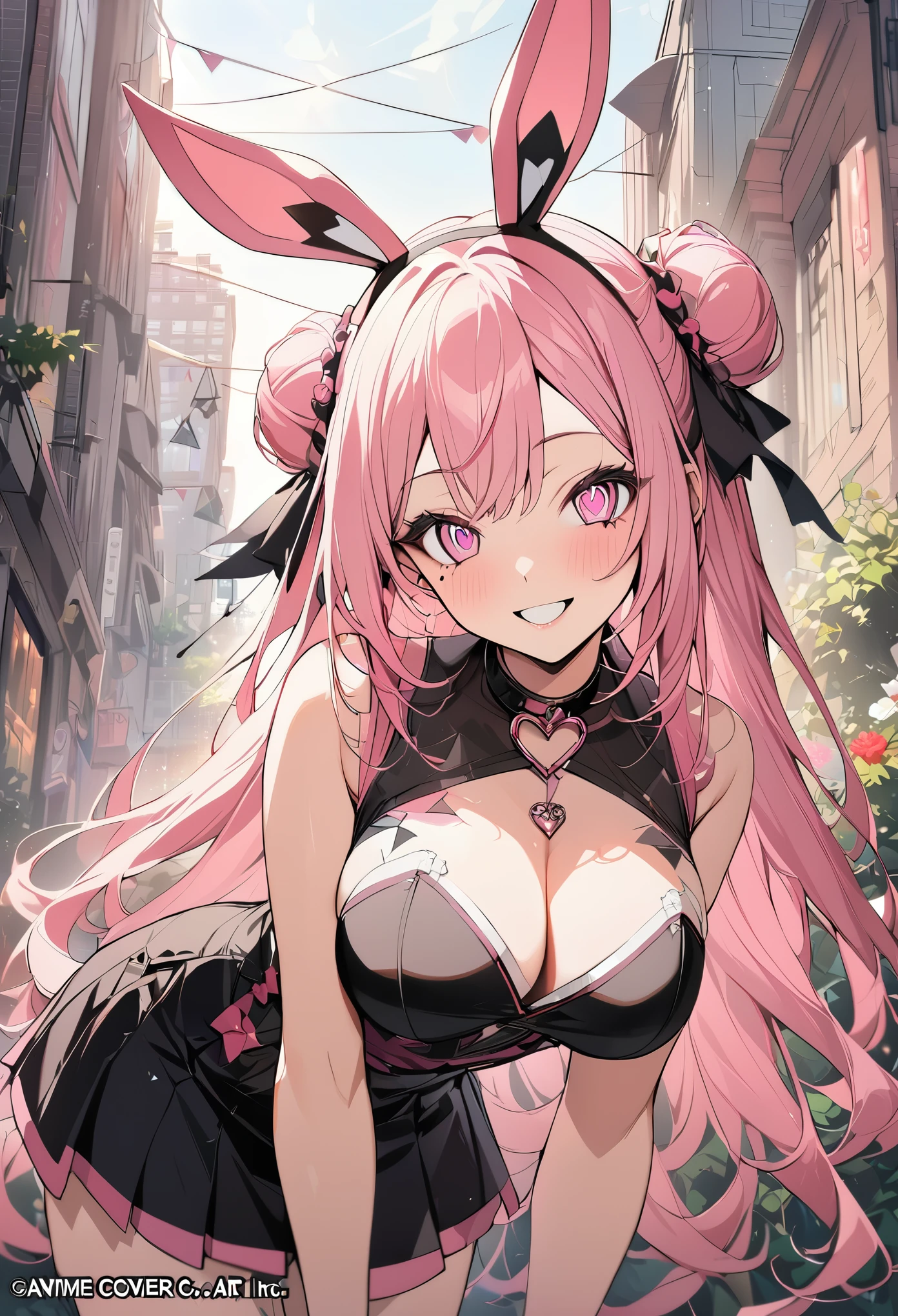 1 girl, pink long bun hair, heart shaped eyes, ♡, rabbit ear idol, {girl with pink bun bob hair、 named Nami}, (Pink eye color), {downtown}, (smile), bright background , mole under eye, heart shaped choker, (masterpiece, highest quality), very detailed, highest quality, official art, beautiful and aesthetic: 1.2), (1 girl), very detailed, (geometry art: 1.3), colorful, most detailed ?d1 girl, pink long bun hair, Eye of the symbol, +__+, big breasts, gothic costume, {A girl with long pink bun hair named Nami}, (Pink eye color), {downtown}, (smile), bright background, （garden,beautiful flower々）,mole under eye, heart shaped choker, (masterpiece, highest quality), official art, beautiful and aesthetic: 1.2), (1 girl), very detailed, (geometry art: 1.3), colorful