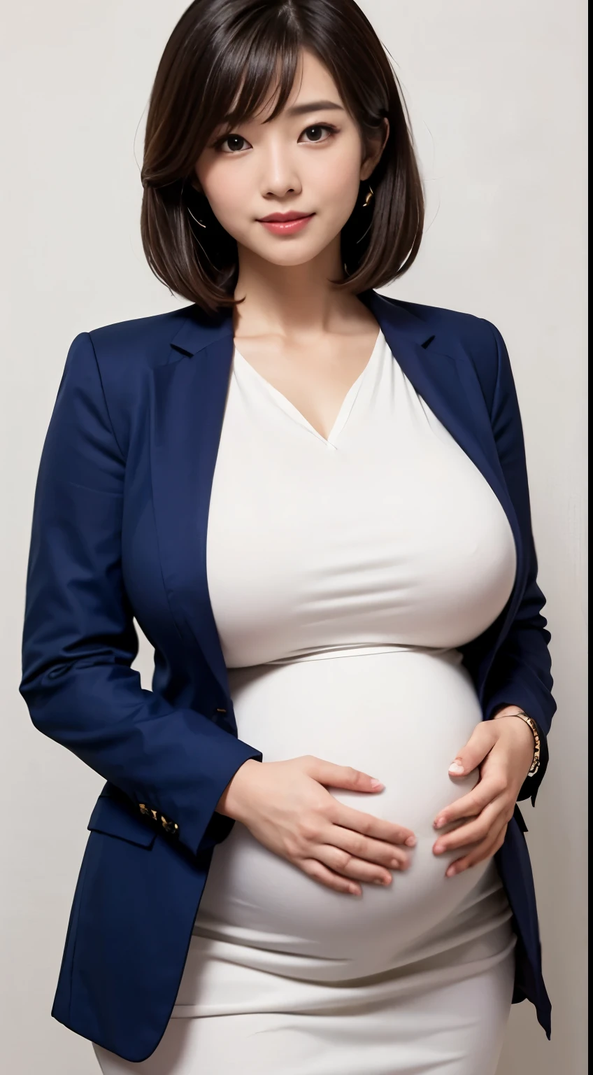 (best quality, masterpiece:1.2), white background, (gigantic breasts:1.2), realistic, big breasts, huge breasts, (huge pregnant),gigantic hips, thicc, long legs, thick thighs, fair skin, rosy cheeks, porcelain like skin, (white blouson dress:1.2), (navy business jacket:1.2), (navy formal blazer:1.2), (white midi dress:1.2), brown hair, bob cut, beautiful woman, smile, eyelashes, highly detailed face, japanese goddess, japanese actress, japanese model, mature woman,