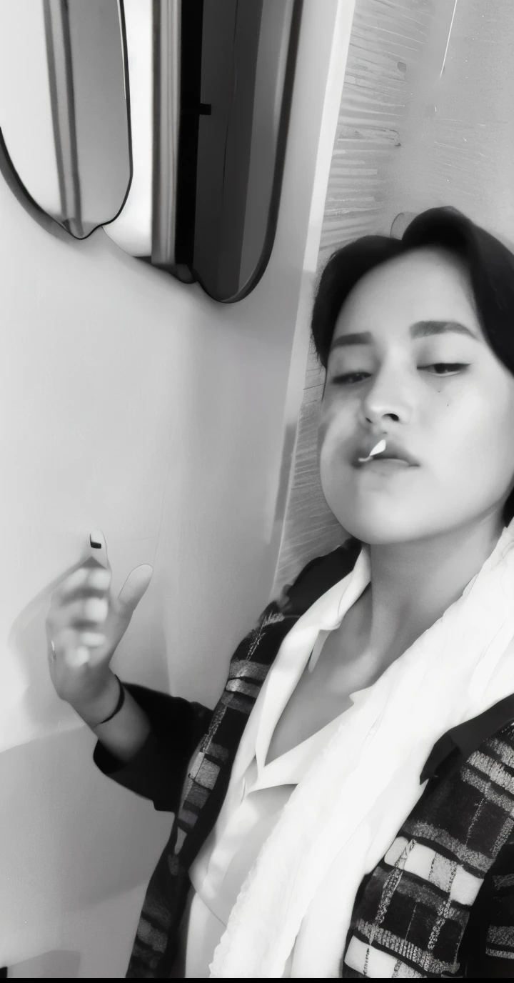 there is a woman that is brushing her teeth in the bathroom, taehyung eating gucci fries, dramatic smoking pose, with cigar, profile image, profile pic, profile photo, small chin, grainy monochrome photo, b&w photo, high quality upload, grainy black-and-white photo, snapchat photo, grainy black and white photo, profile picture