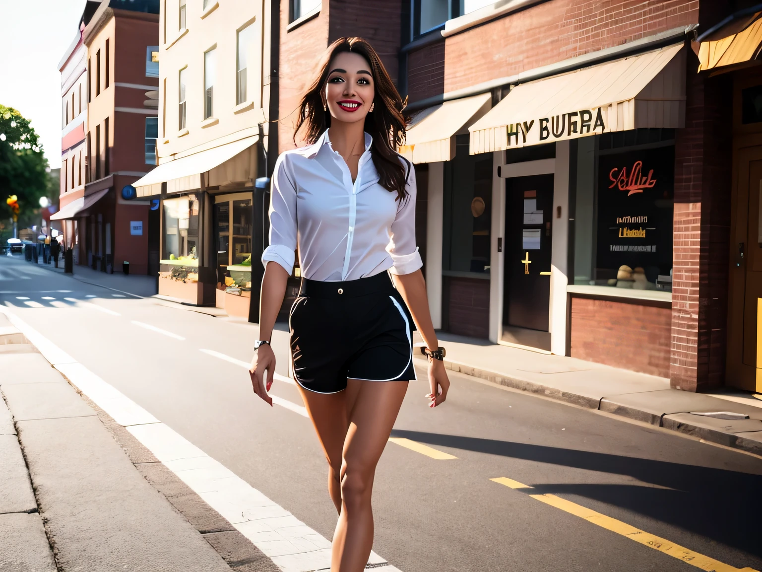 smiling woman in a white shirt and black shorts standing on the sidewalk, student, walking proudly down the street, in front of an inn, in the background, beautiful scenery. She is 155 cm tall and around 40 years old. A woman with tanned white skin and dark hair. She is around 40 years old. She has slightly full lips and dark brown eyes. Perfect body, slim body, slim waist. tanned skin, soft lips, red lipstick, a feeling of lightness and joy, hyperrealism, very elaborate skin. Fitness woman, fit woman, physically fit woman, full body photo, clear photo, high quality, high resolution, masterpiece, 8K.