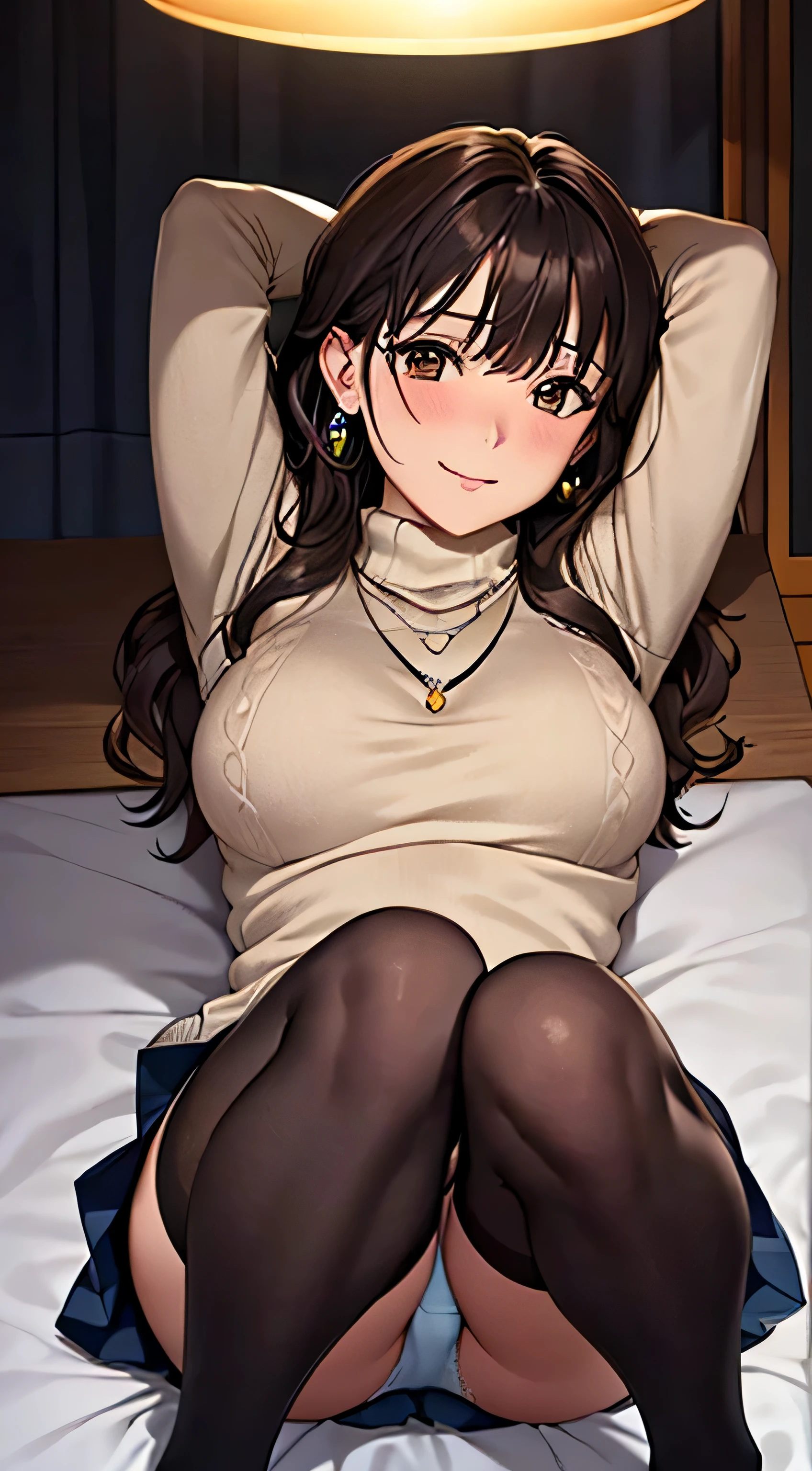 (table top, highest quality, High resolution, , perfect pixel, 4k,), 1 girl, single, alone, Beautiful woman、I could see the whole body、 ((wavy mid-length hair, bangs, brown hair)), ((brown eyes, beautiful eyelashes, realistic eyes)), ((detailed face, blush:1.2)), ((smooth texture:0.75, realistic texture:0.65, realistic:1.1, Anime CG style)), soft chest, dynamic angle, perfect body, ((,, , earrings、necklace、beige turtleneck sweater、dark blue pleated skirt、black knee high stockings、open both legs wide、open both knees、open both arms、shy smile)),、、、、(luxury hotel bed、sleep on your back)、、、(You can see the light blue and white lace panties))、angle from below)、