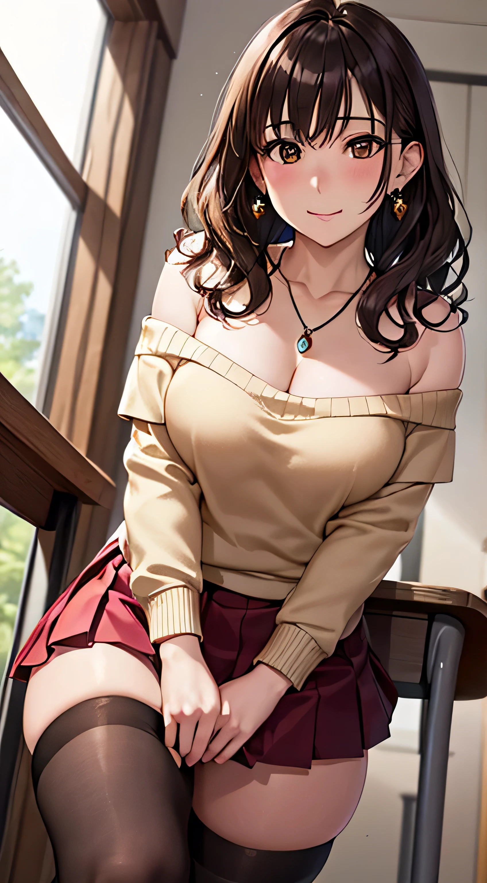 (table top, highest quality, High resolution, , perfect pixel, 4k,), 1 girl, single, alone, Beautiful woman、I could see the whole body、 ((wavy middle hair, bangs, brown hair)), ((brown eyes, beautiful eyelashes, realistic eyes)), ((detailed face, blush:1.2)), ((smooth texture:0.75, realistic texture:0.65, realistic:1.1, Anime CG style)), medium breasts, dynamic angle, perfect body, ((, female teacher, , earrings、necklace、beige off shoulder sweater、long pleated skirt、black knee high stockings、pink lace panties、shy smile、Pull up your skirt to show your panties)), upper grade、、、evening、、Bring your arms together to emphasize your chest、hold the necklace between your chest、(、()、angle from below)、
