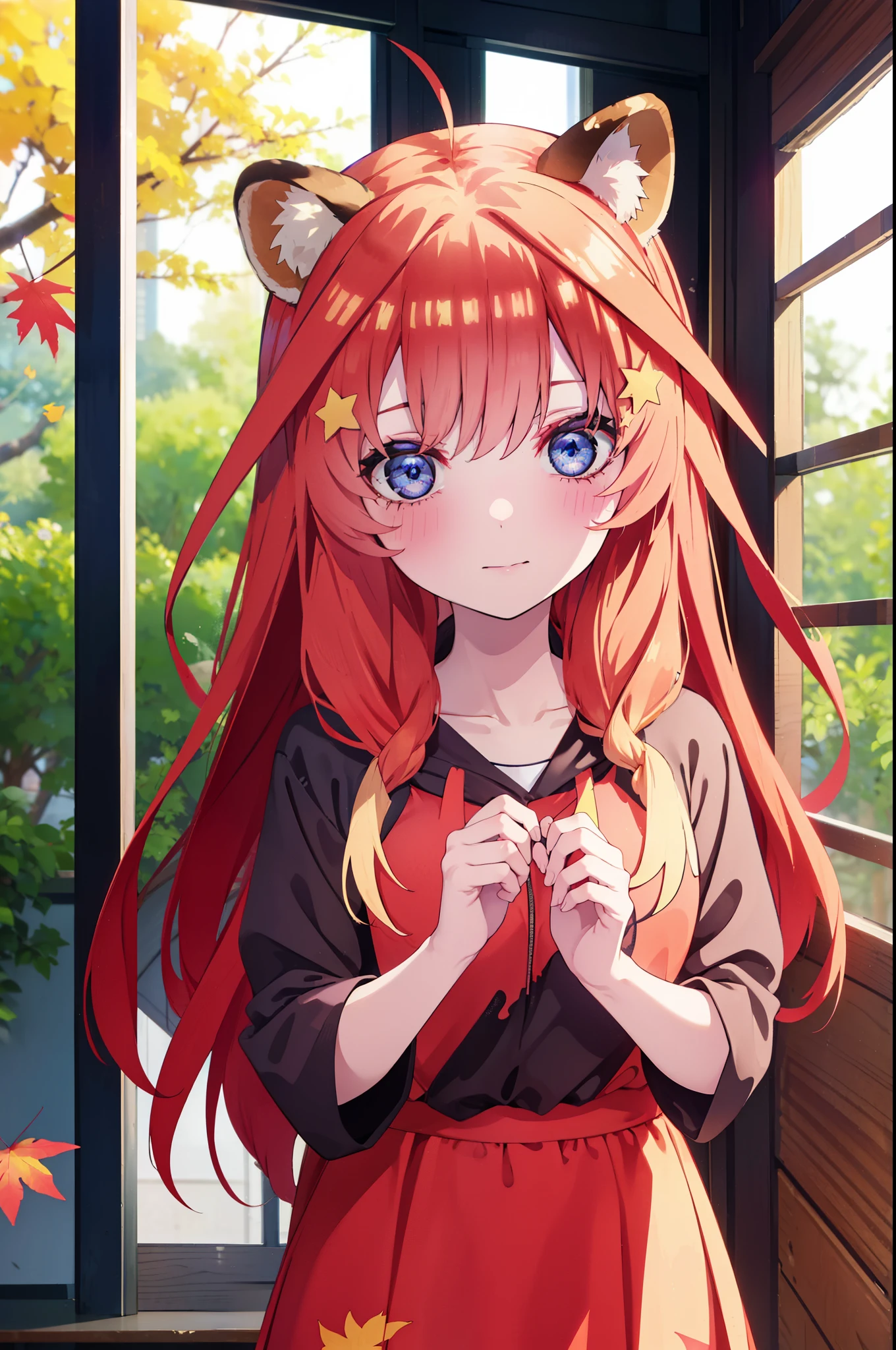 itsukinakano, itsuki nakano, bangs, blue eyes, hair between eyes, Ahoge, redhead, star \(symbol\), short braided hair,hair ornaments, star hair ornaments,smile,blush,animal ears　raccoon ears,Animal tail　Tanuki tail,Red hoodie,white long skirt,Cute sandals,autumn leaves,
break indoors, garden,
break looking at viewer, (cowboy shot:1.5),
break (masterpiece:1.2), highest quality, High resolution, unity 8k wallpaper, (figure:0.8), (detailed and beautiful eyes:1.6), highly detailed face, perfect lighting, Very detailed CG, (perfect hands, perfect ???????),