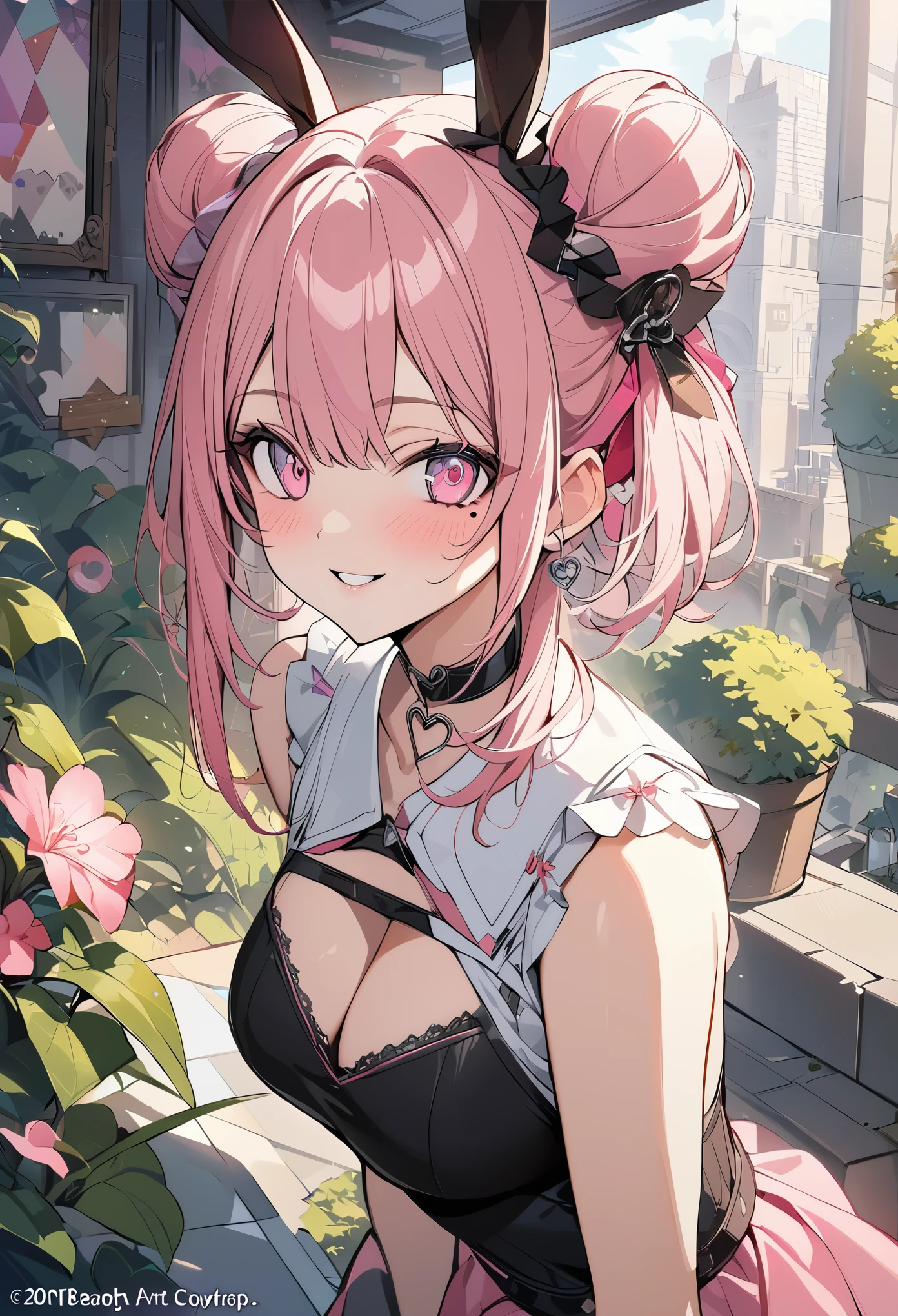 1 girl, pink long bun hair, heart shaped eyes, ♡, rabbit ear idol, {girl with pink bun bob hair、 named Nami}, (Pink eye color), {downtown}, (smile), bright background , mole under eye, heart shaped choker, (masterpiece, highest quality), very detailed, highest quality, official art, beautiful and aesthetic: 1.2), (1 girl), very detailed, (geometry art: 1.3), colorful, most detailed ?d1 girl, pink long bun hair, Eye of the symbol, +__+, big breasts, gothic costume, {A girl with long pink bun hair named Nami}, (Pink eye color), {downtown}, (smile), bright background, （garden,beautiful flower々）,mole under eye, heart shaped choker, (masterpiece, highest quality), official art, beautiful and aesthetic: 1.2), (1 girl), very detailed, (geometry art: 1.3), colorful