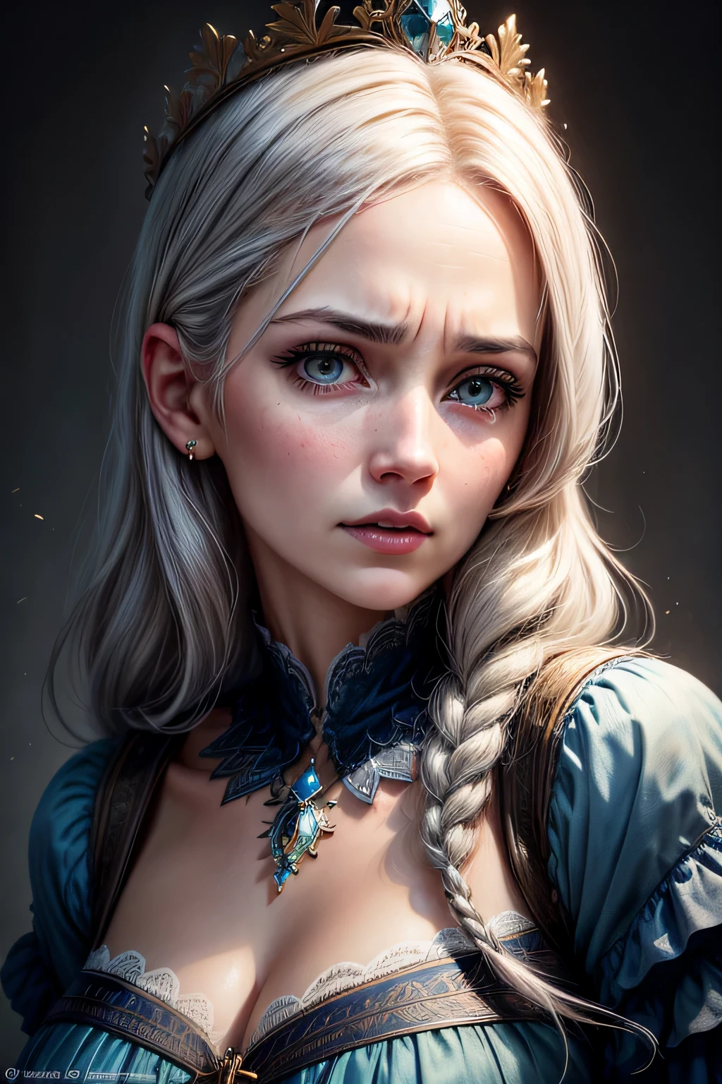 The bright eyes of a very beautiful princess, Portrait of a 35 year old mature woman, serious expression, rage, Super realistic, Super detailed, Dynamic facial expressions, big natural breasts, pastel blue dress, detailed and beautiful eyes,beautiful detailed lips,highly detailed eyes and face,long eyelashes, detailed face, masterpiece, 最high quality, high quality, High resolution,