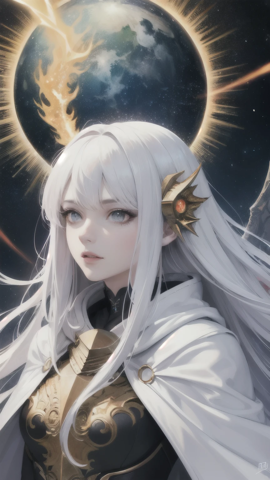 (masterpiece, top quality, best quality, official art, beautiful and aesthetic:1.2), (1girl), extreme detailed eyes, (fractal art:1.3), colorful, highest detailed, (perfect face), shiny skin, HDR, (white cloak golden lines:1.2), galaxy, (light streaks), striking visuals, (dynamic streaks, luminous trails:1.2), vibrant colors, (phoenix), (dragon)