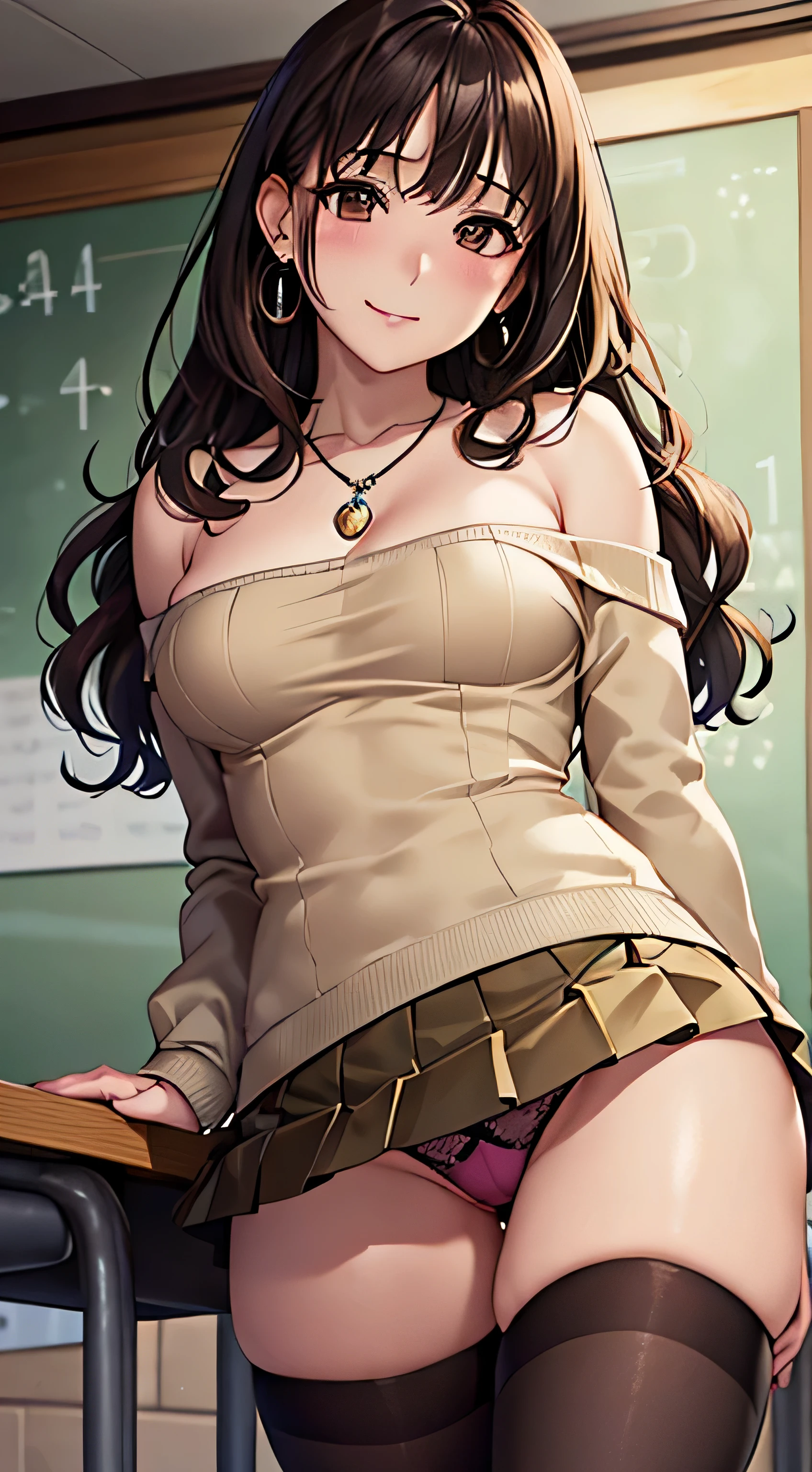 (table top, highest quality, High resolution, , perfect pixel, 4k,), 1 girl, single, alone, Beautiful woman、I could see the whole body、 ((wavy middle hair, bangs, brown hair)), ((brown eyes, beautiful eyelashes, realistic eyes)), ((detailed face, blush:1.2)), ((smooth texture:0.75, realistic texture:0.65, realistic:1.1, Anime CG style)), medium breasts, dynamic angle, perfect body, ((, female teacher, , earrings、necklace、beige off shoulder sweater、long pleated skirt、black knee high stockings、pink lace panties、shy smile、Pull up your skirt to show your panties)), upper grade、、、evening、、Bring your arms together to emphasize your chest、hold the necklace between your chest、(、()、angle from below)、