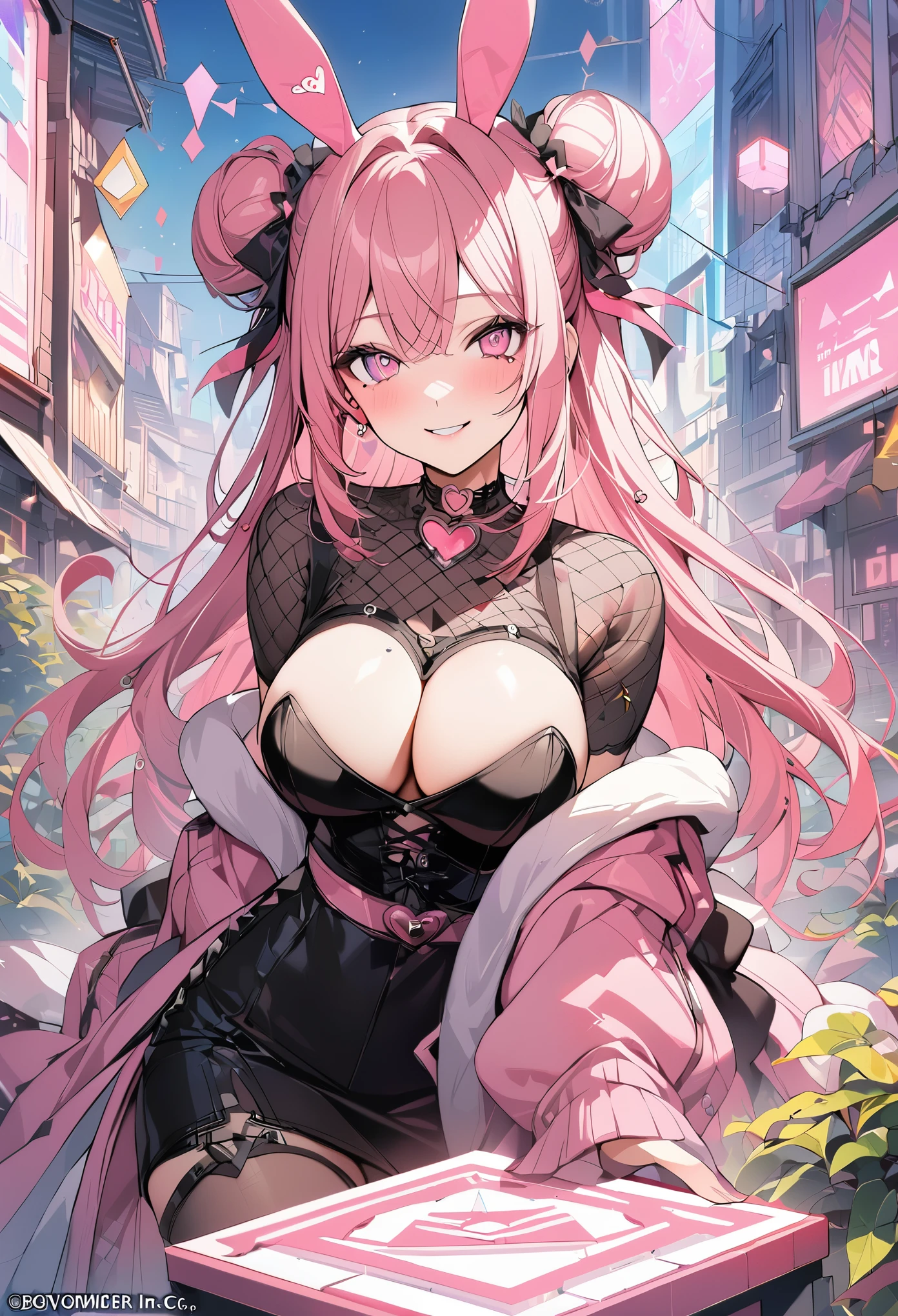 1 girl, pink long bun hair, heart shaped eyes, ♡, Bunny ears、Idol, {girl with pink long bun hair named Nami}, (Pink eye color), {downtown}, (smile), bright background , mole under eye, heart shaped choker, (masterpiece, highest quality), very detailed, highest quality, official art, beautiful and aesthetic: 1.2), (1 girl), very detailed, (geometry art: 1.3), colorful, most detailed ?d1 girl, pink long bun hair, Eye of the symbol, +__+, big breasts, gothic costume, {A girl with long pink bun hair named Nami}, (Pink eye color), {downtown}, (smile), bright background, （garden,beautiful flower々）,mole under eye, heart shaped choker, (masterpiece, highest quality), official art, beautiful and aesthetic: 1.2), (1 girl), very detailed, (geometry art: 1.3), colorful