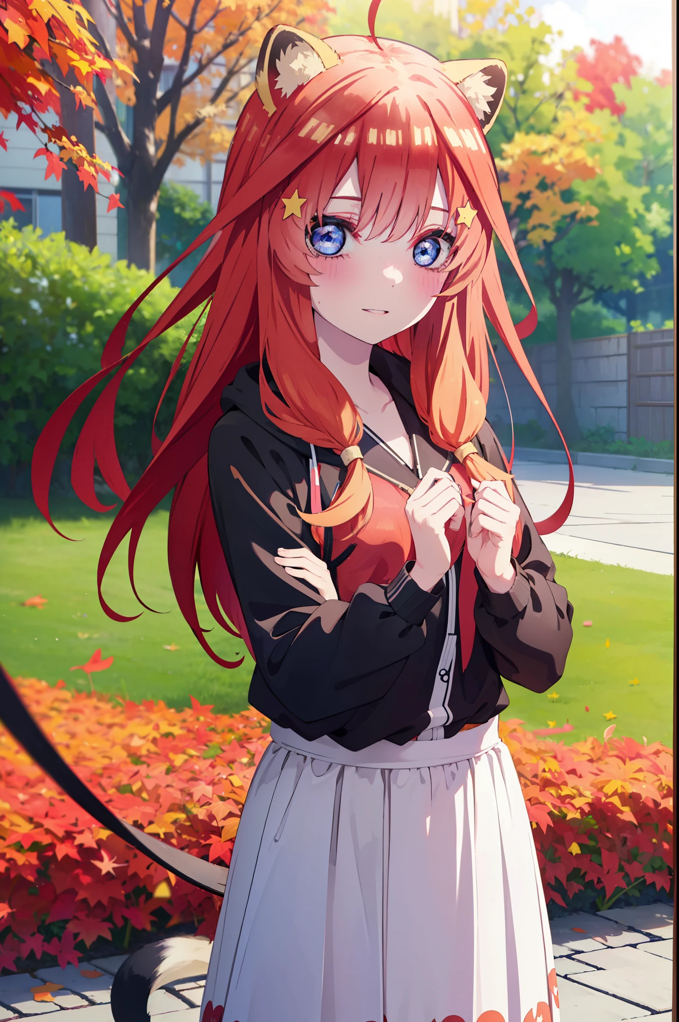 itsukinakano, itsuki nakano, bangs, blue eyes, hair between eyes, Ahoge, redhead, star \(symbol\), short braided hair,hair ornaments, star hair ornaments,smile,blush,animal ears　raccoon ears,Animal tail　Tanuki tail,Red hoodie,white long skirt,Cute sandals,autumn leaves,
break outdoors, garden,
break looking at viewer, Upper body,whole body(cowboy shot:1.5),
break (masterpiece:1.2), highest quality, High resolution, unity 8k wallpaper, (figure:0.8), (detailed and beautiful eyes:1.6), highly detailed face, perfect lighting, Very detailed CG, (perfect hands, perfect anatomy),