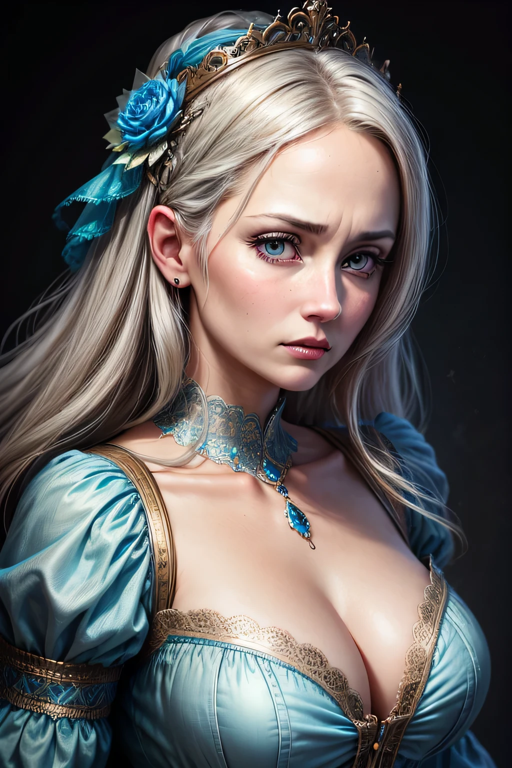 The bright eyes of a very beautiful princess, Portrait of a 35 year old mature woman, serious expression, rage, Super realistic, Super detailed, Dynamic facial expressions, big natural breasts, pastel blue dress, detailed and beautiful eyes,beautiful detailed lips,highly detailed eyes and face,long eyelashes, detailed face, masterpiece, 最high quality, high quality, High resolution,
