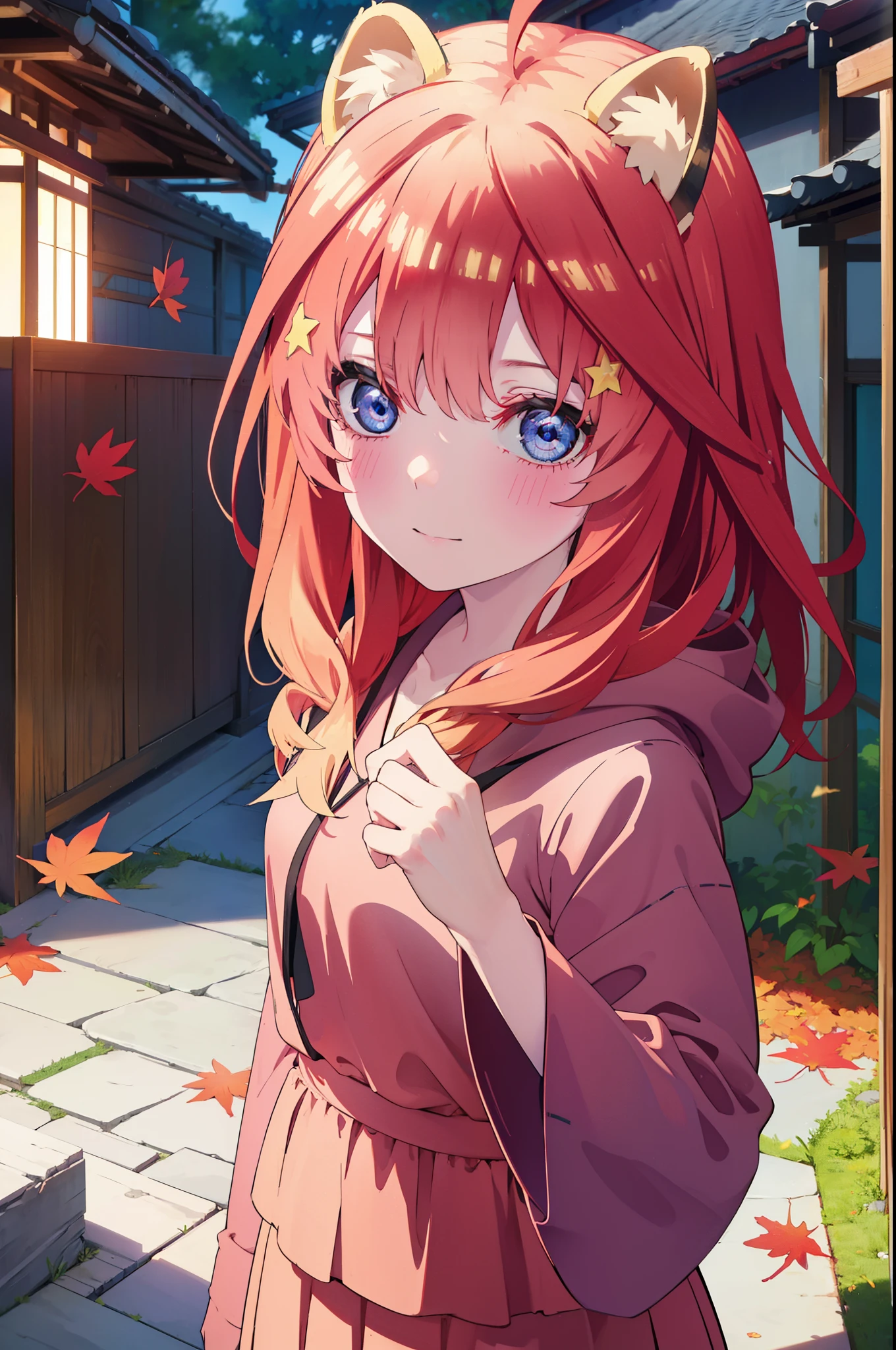 itsukinakano, itsuki nakano, bangs, blue eyes, hair between eyes, Ahoge, redhead, star \(symbol\), short braided hair,hair ornaments, star hair ornaments,smile,blush,animal ears raccoon ears,Animal tail Tanuki tail,Red hoodie,white long skirt,Cute sandals,autumn leaves,
break outdoors, garden,
break looking at viewer, Upper body,whole body(cowboy shot:1.5),
break (masterpiece:1.2), highest quality, High resolution, unity 8k wallpaper, (figure:0.8), (detailed and beautiful eyes:1.6), highly detailed face, perfect lighting, Very detailed CG, (perfect hands, perfect anatomy),