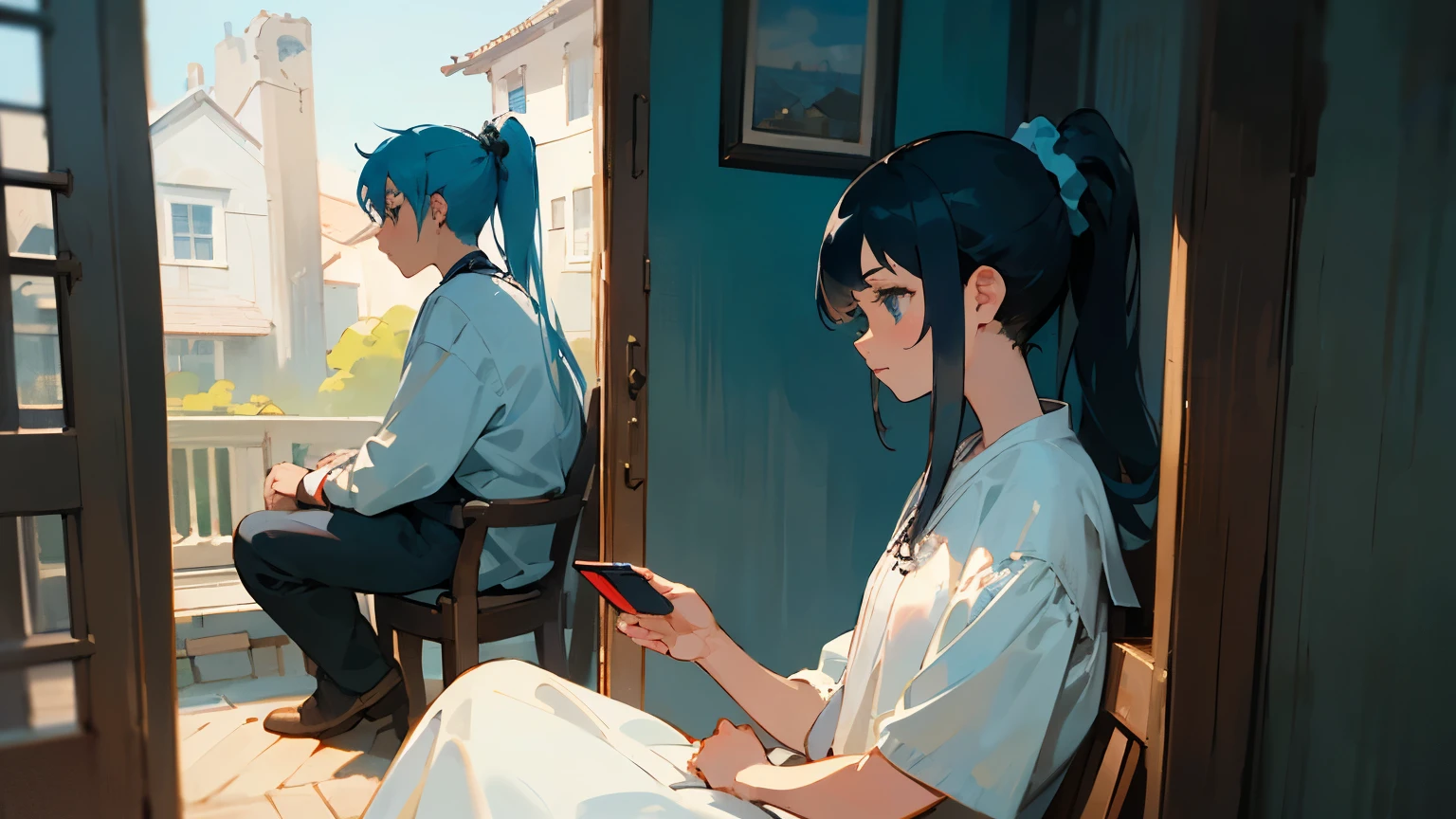 ((highest quality)), ((masterpiece)), ((super detailed)), (very delicate and beautiful), girl and boy, solo,,she has a dark look,The boy is looking at his smartphone, Depth of the bounds written,The whole Esbian girl has bright light blue eyes.,The boy has black eyes,Inner color of black hair and light blue hair tips,Long Hair - Linear Art,、Light blue scrunchie、girl has ponytail hair,The background is an old folk house,artistic background,Both of them are sitting on the veranda.,The girl is looking at the boy&#39;s profile,Angle from the front of the two