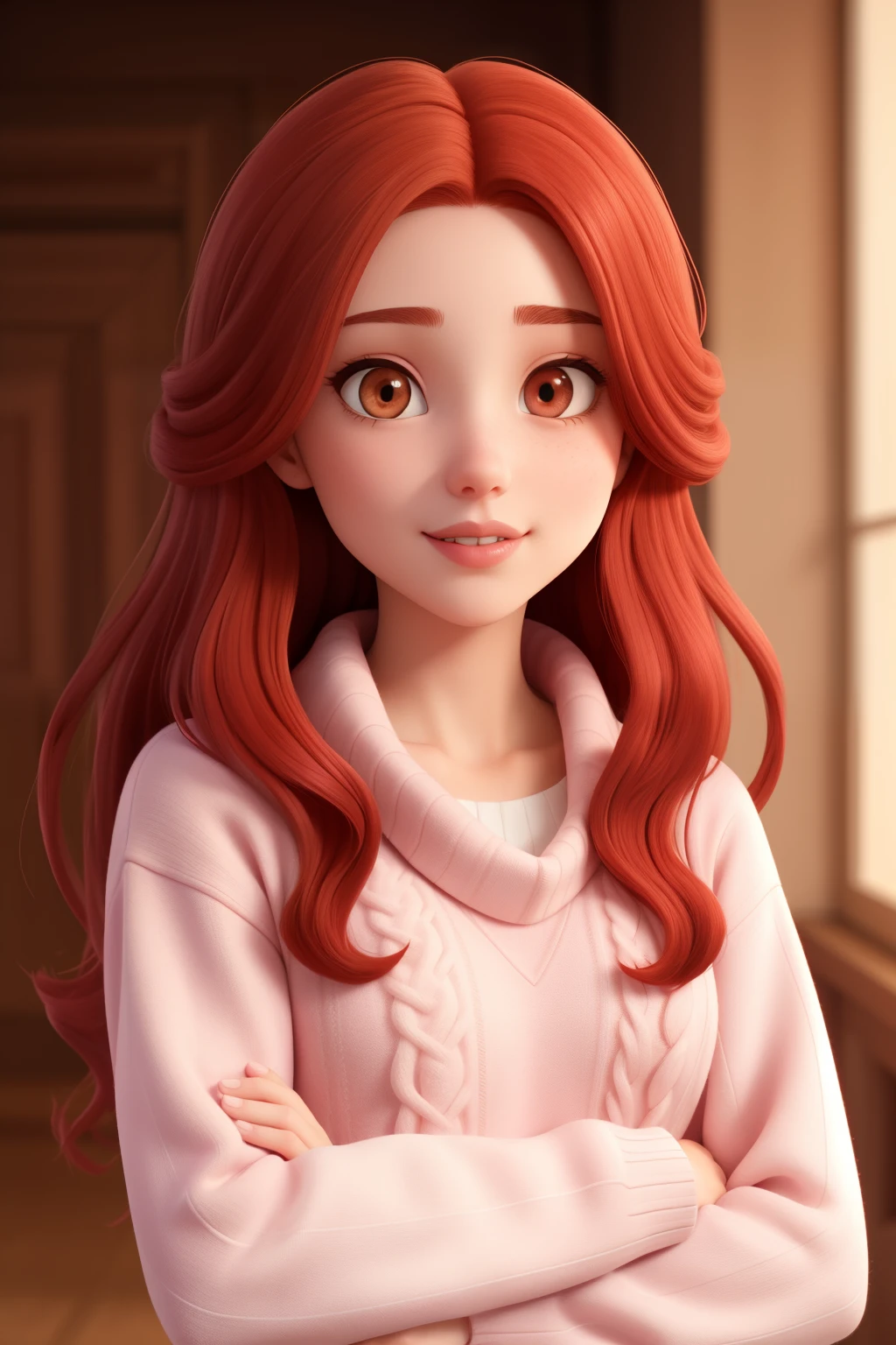 Girl, long red hair, brown eyes, sharp features, white skin, pink lips, sweater