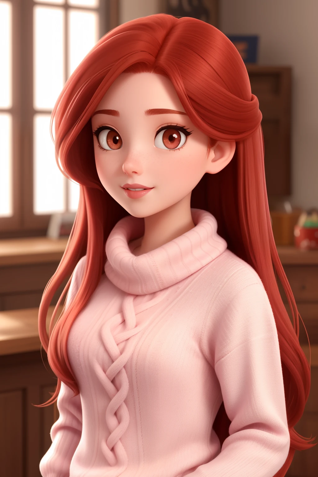 Girl, long red hair, brown eyes, sharp features, white skin, pink lips, sweater