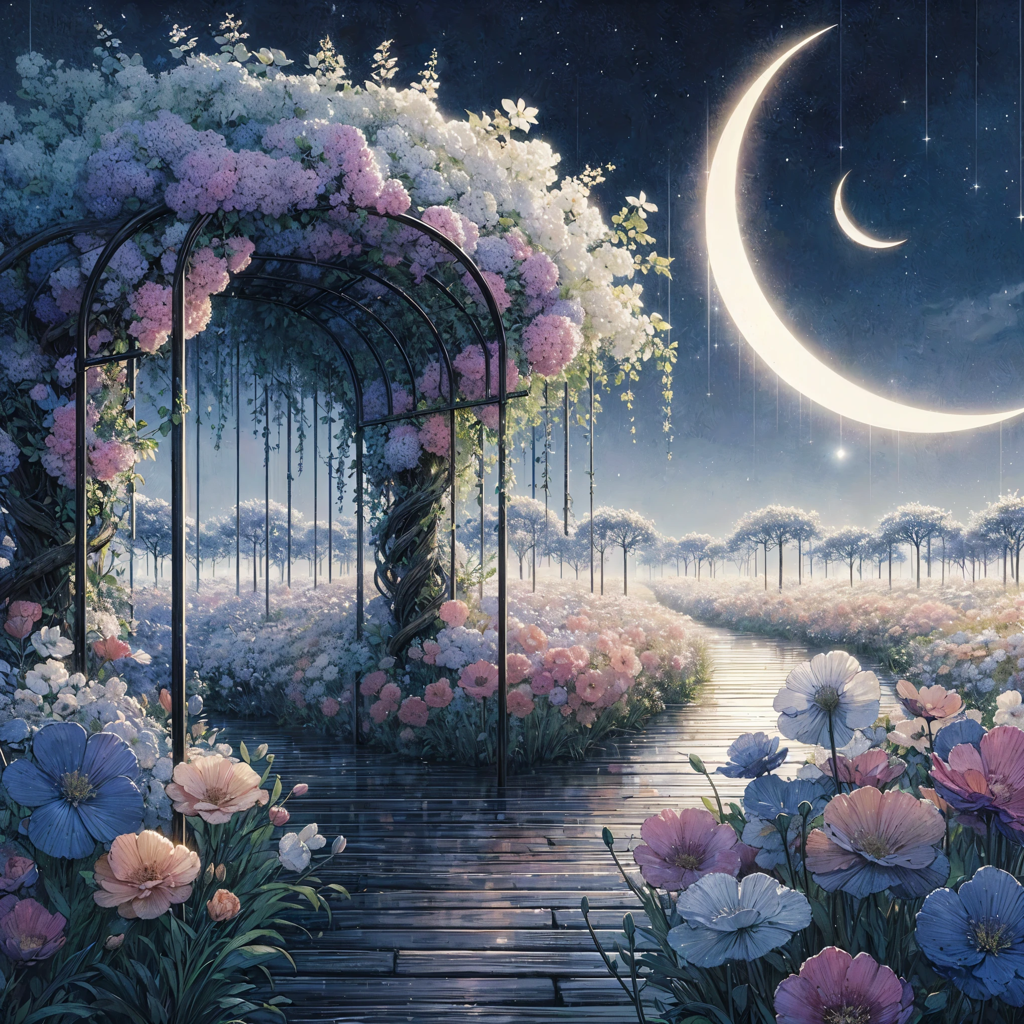 (best quality,4k,8k,highres,masterpiece:1.2),ultra-detailed,(realistic,photorealistic,photo-realistic:1.37),illustration, dream-like night, incredibly detailed dream landscape, dreamy scenery, dream-like art, landscape artwork, dream landscape art, dream-like atmosphere, whimsical fantasy landscape art, garden in the sky, dreamy and detailed, moonlit night, incredibly magical and dream-like, mysterious night, Andy Park, moonlit night with a dreamy atmosphere, dreamy illustration
