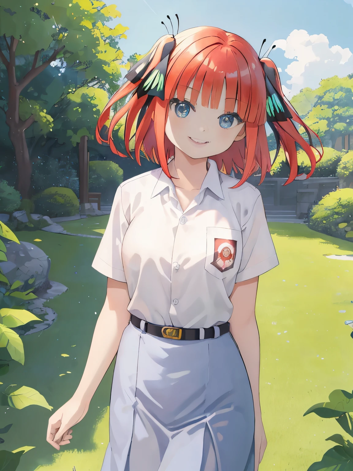 Masterpiece, hd, 2d, ninonakano, nino nakano, short hair, bangs, blue eyes, red hair, butterfly hair ornaments , smile, hair ornaments, two side up, butterfly hair ornament, cewe-sma, from fitting, white shirt, gray skirt, hair ornaments, belt, looking at viewer, light smile, outdoor, school