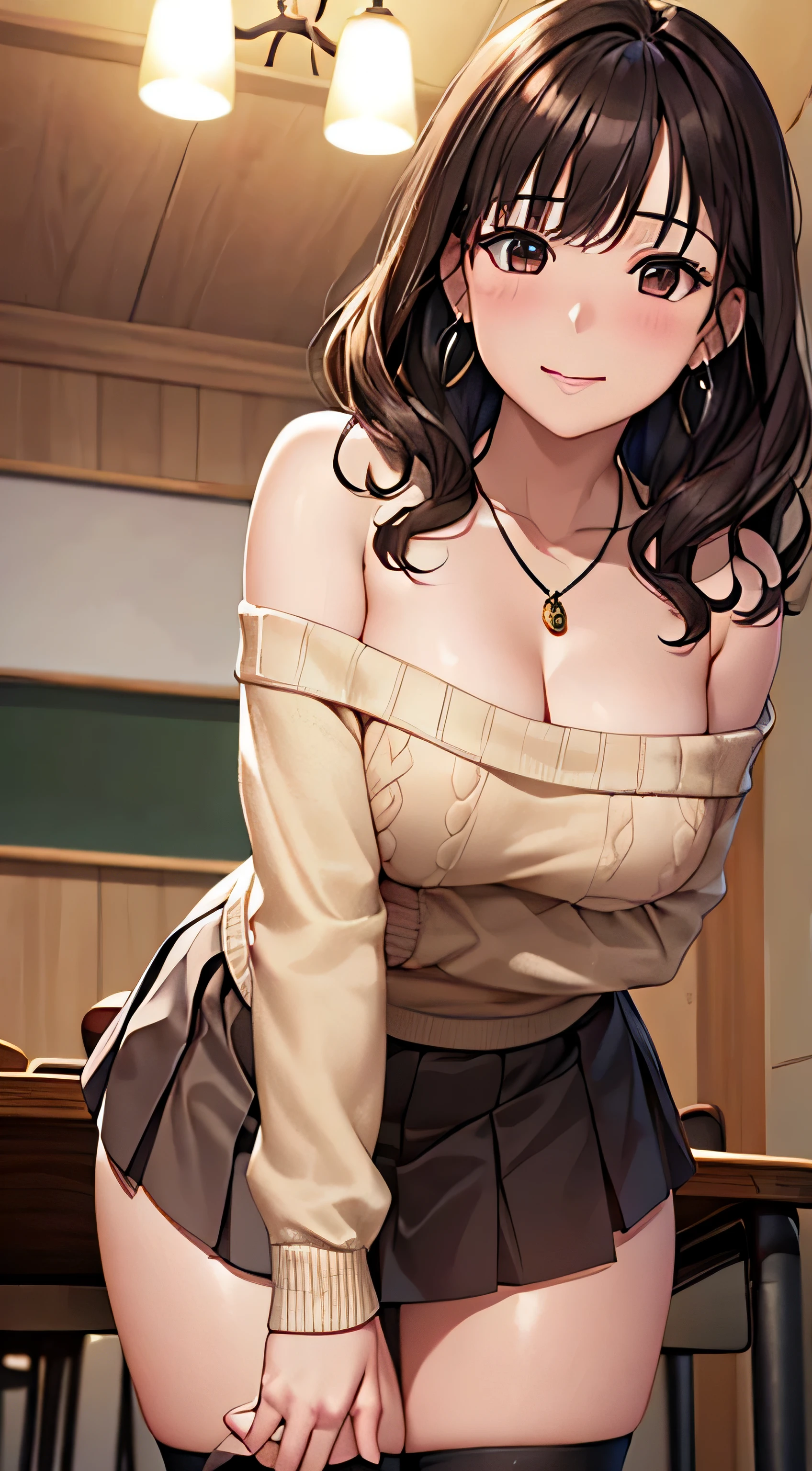 (table top, highest quality, High resolution, , perfect pixel, 4k,), 1 girl, single, alone, Beautiful woman、I could see the whole body、 ((wavy middle hair, bangs, brown hair)), ((brown eyes, beautiful eyelashes, realistic eyes)), ((detailed face, blush:1.2)), ((smooth texture:0.75, realistic texture:0.65, realistic:1.1, Anime CG style)), medium breasts, dynamic angle, perfect body, ((, female teacher, , earrings、necklace、beige off shoulder sweater、long pleated skirt、black knee high stockings、pink lace panties、shy smile、Pull up your skirt to show your panties)), upper grade、、、evening、、Bring your arms together to emphasize your chest、hold the necklace between your chest、(、()、angle from below)、