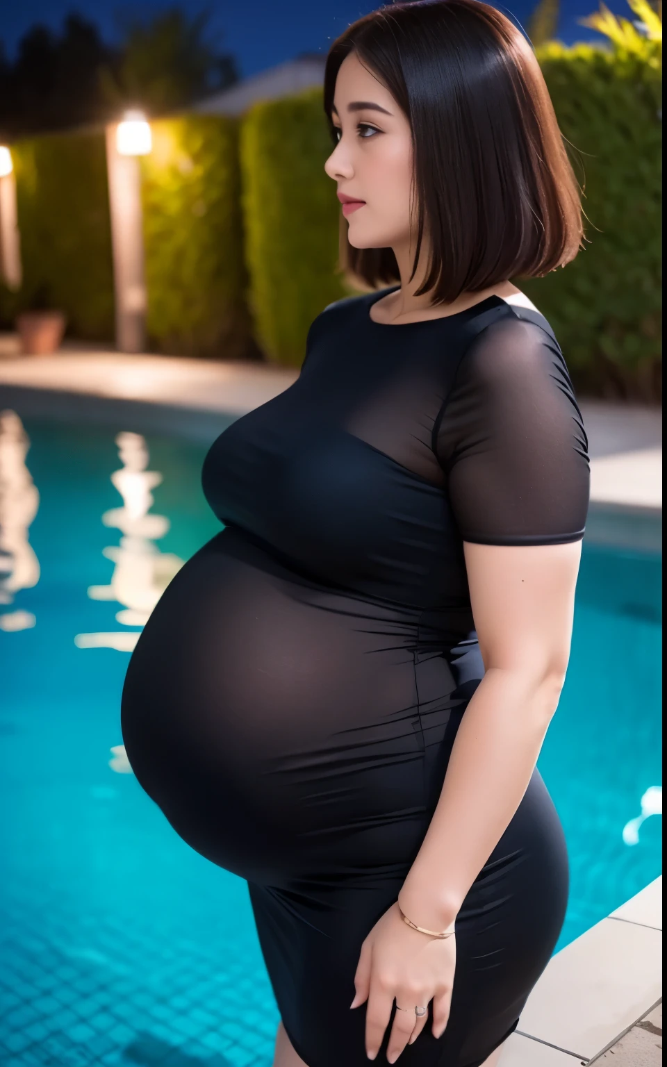 A stunning beautiful married woman, fantastic figure, transparent body, tight black satin dress, pool , swimming pool at night, bob haircut, waist shot, side view, ((erect, streak, emerge)), ((rounded hips, clearly seen curve)), ((pregnant)), side view