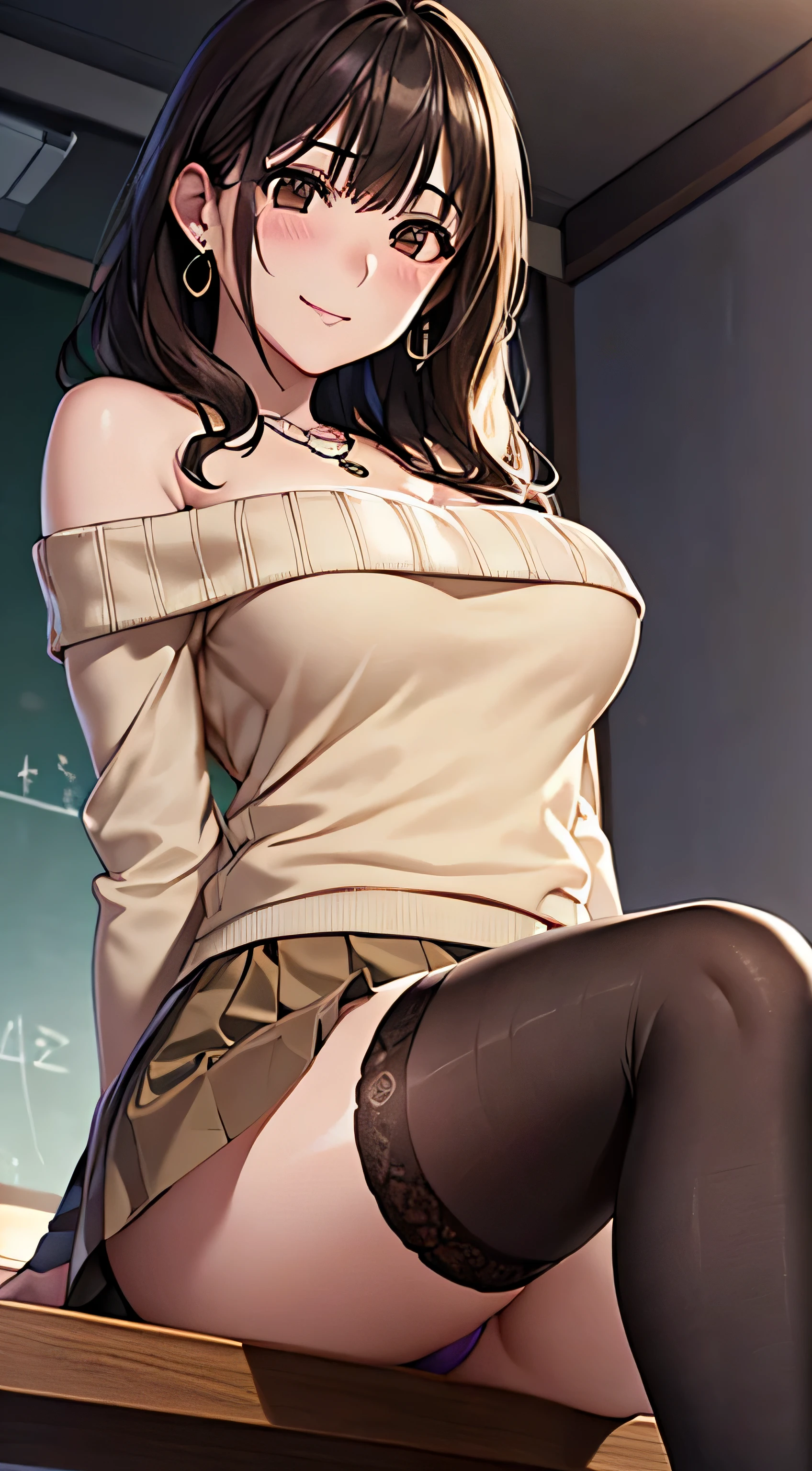 (table top, highest quality, High resolution, , perfect pixel, 4k,), 1 girl, single, alone, Beautiful woman、I could see the whole body、 ((wavy middle hair, bangs, brown hair)), ((brown eyes, beautiful eyelashes, realistic eyes)), ((detailed face, blush:1.2)), ((smooth texture:0.75, realistic texture:0.65, realistic:1.1, Anime CG style)), medium breasts, dynamic angle, perfect body, ((, female teacher, , earrings、necklace、beige off shoulder sweater、long pleated skirt、black knee high stockings、pink lace panties、shy smile、Pull up your skirt to show your panties)), upper grade、、、evening、、Bring your arms together to emphasize your chest、hold the necklace between your chest、(、()、angle from below)、