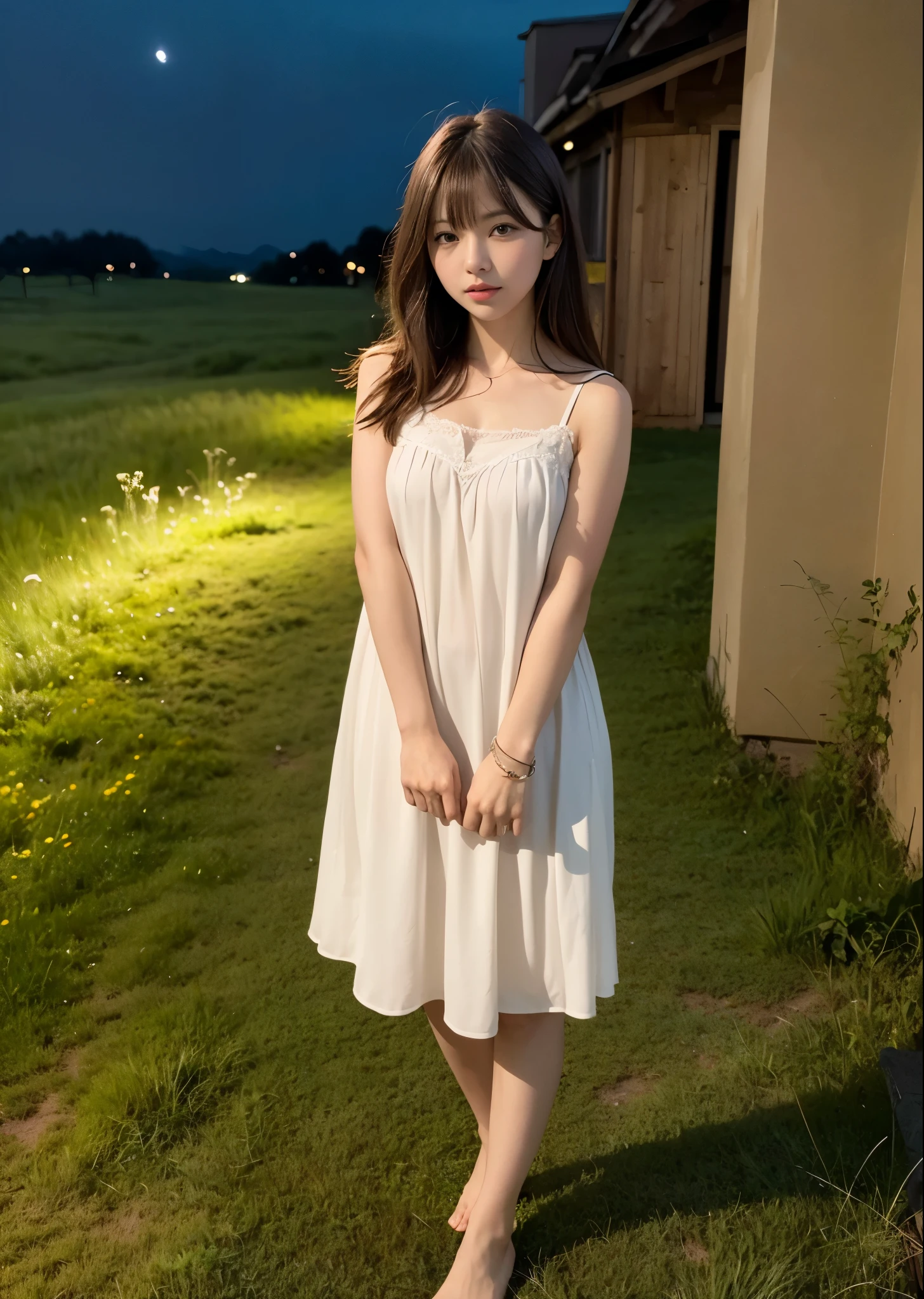 A girl stands in a meadow with short grass at night、Woman in nightdress、brown hair with bangs、full body photo、City lights below、Moonlit night sky、masterpiece、highest quality、Super detailed、official art、High color rendering、High resolution、Super realistic、photo-realistic 
