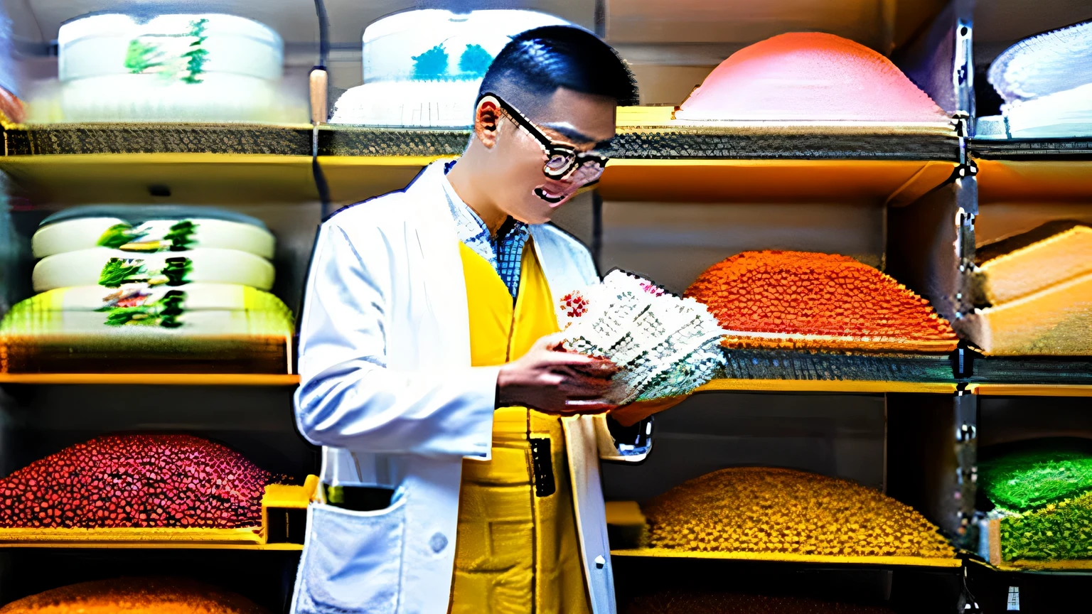 A middle-aged man in a white coat holds medicinal materials in his hand and uses big data to sell Chinese medicinal materials to customers.