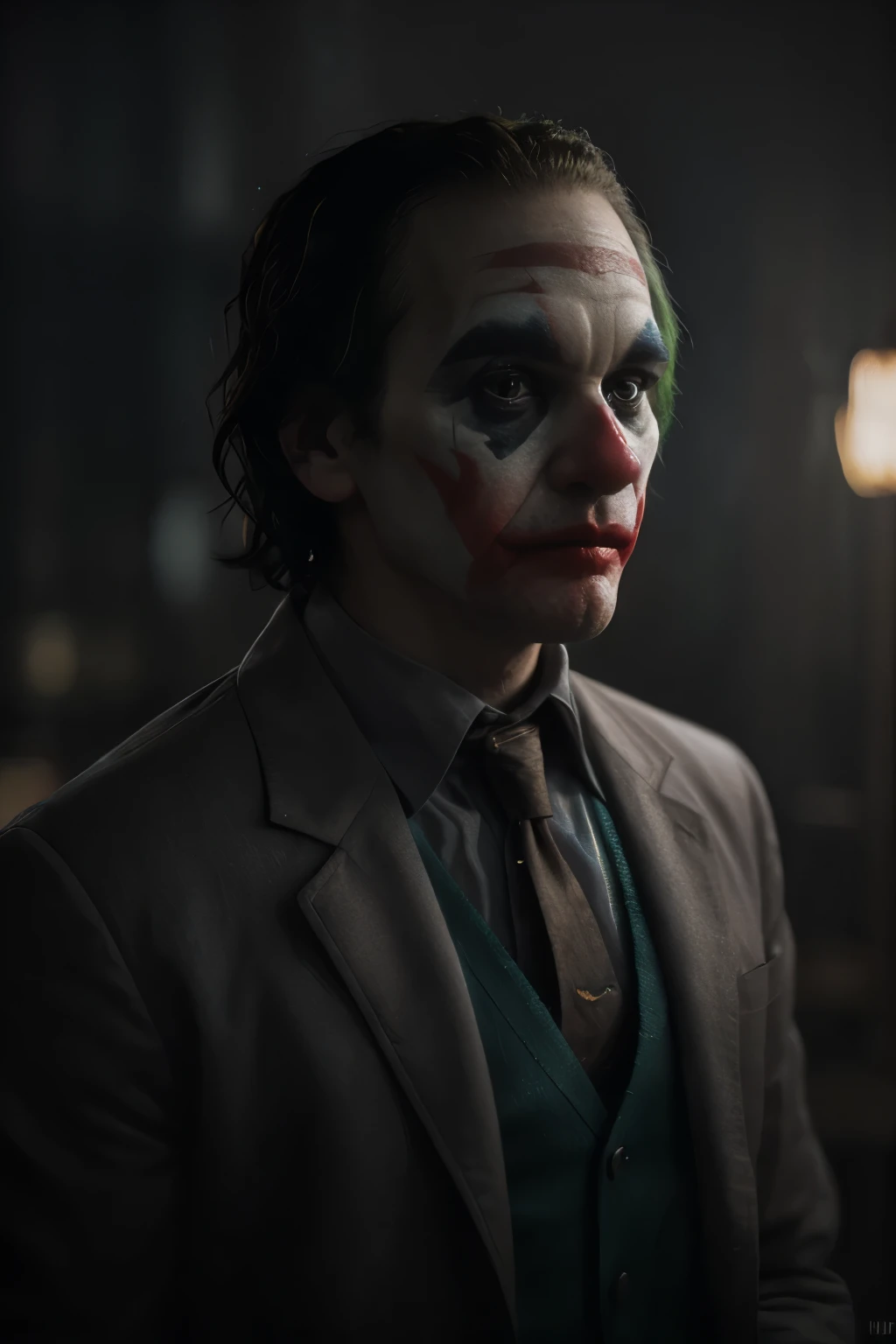 A Joker\(Joker 2019\) ,epic, realistic, missing, neutral colors, ((((HDR)))), ((((soft colors)))), complex scene, art station, hyper-detailed, winning shot , warm lights, dramatic light, intricate details, vignette, complex background, [[teal and orange]], slate gray atmosphere