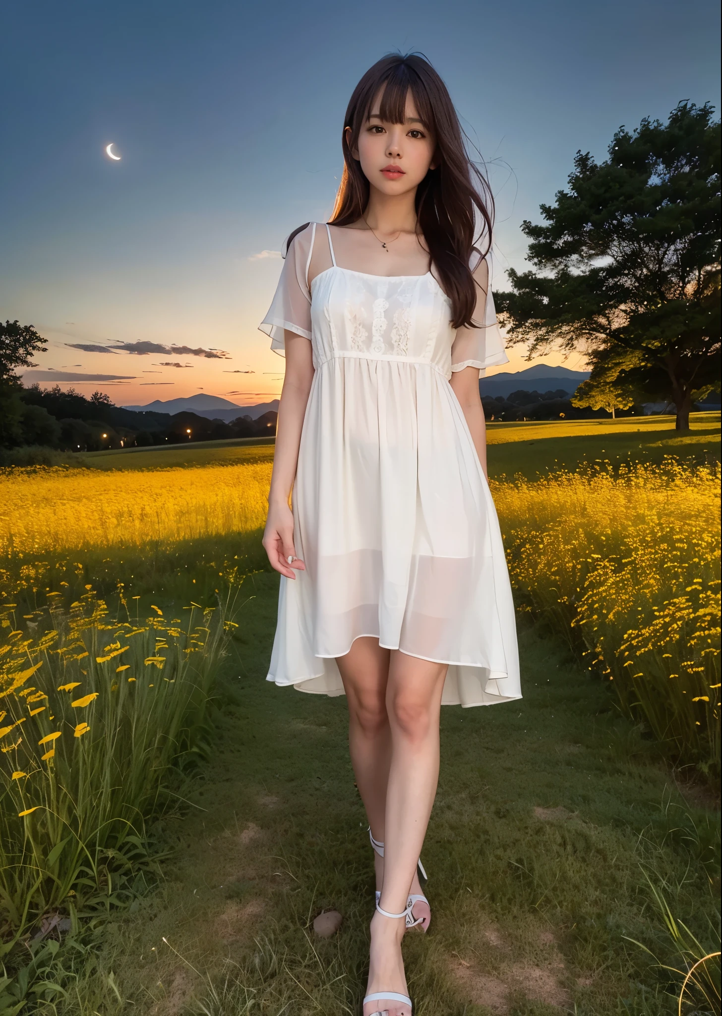 A girl stands in a meadow with short grass at night、Woman in nightdress、brown hair with bangs、full body photo、City lights below、Moonlit night sky、masterpiece、highest quality、Super detailed、official art、High color rendering、High resolution、Super realistic、photo-realistic