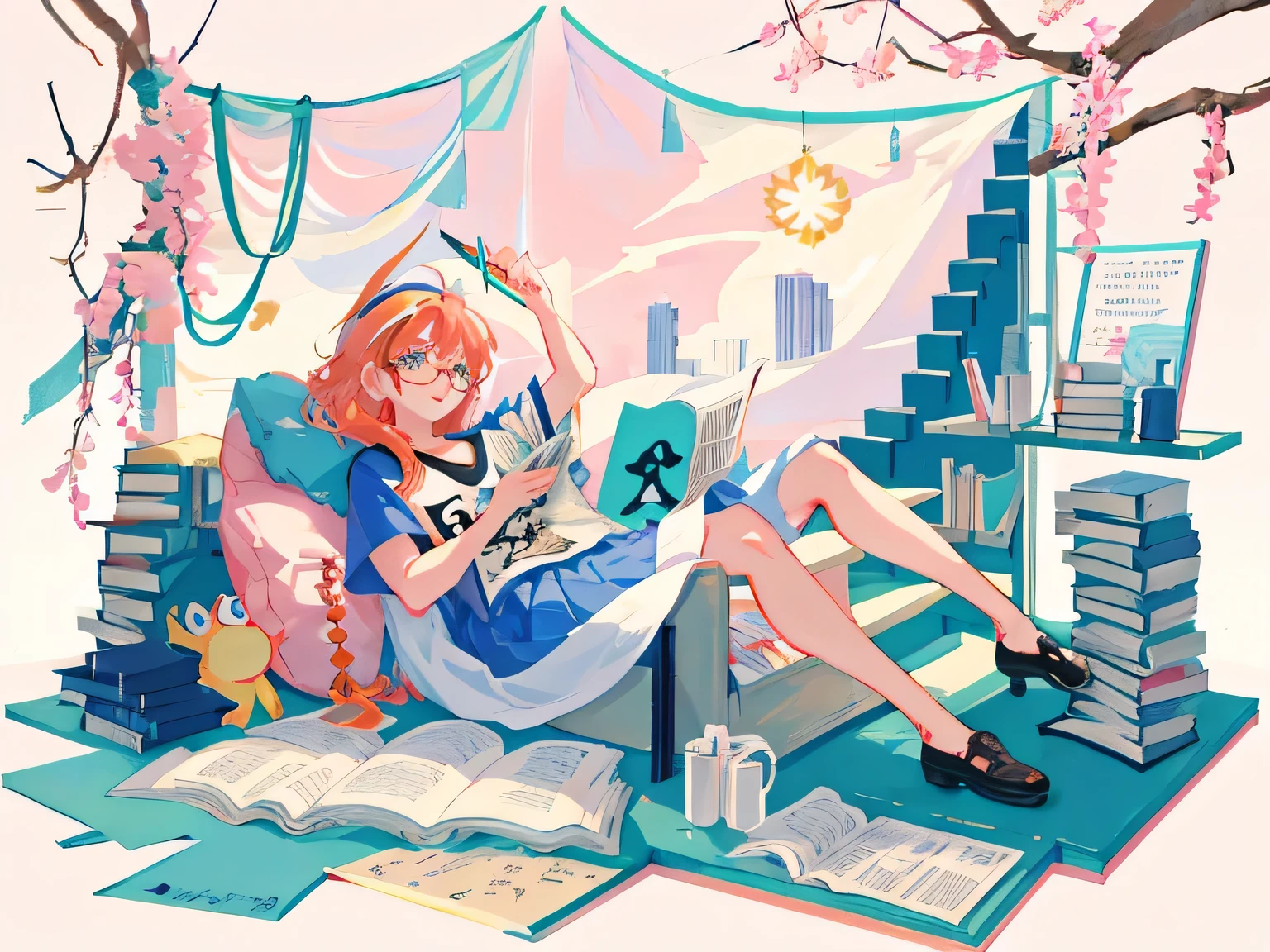 Clamp Style, 1girl, solo, long flowing hair, holding a Clamp Comic Book or Card Captor Sakura manga, intense focus and determination, library or cozy room background, newspapers and books scattered around, wearing a casual outfit with a Card Captor Sakura t-shirt, glasses perched on the bridge of her nose, clutching a Sakura Card in one hand and a pen in the other, expression serious yet excited, a shelf filled with various manga volumes visible in the background.