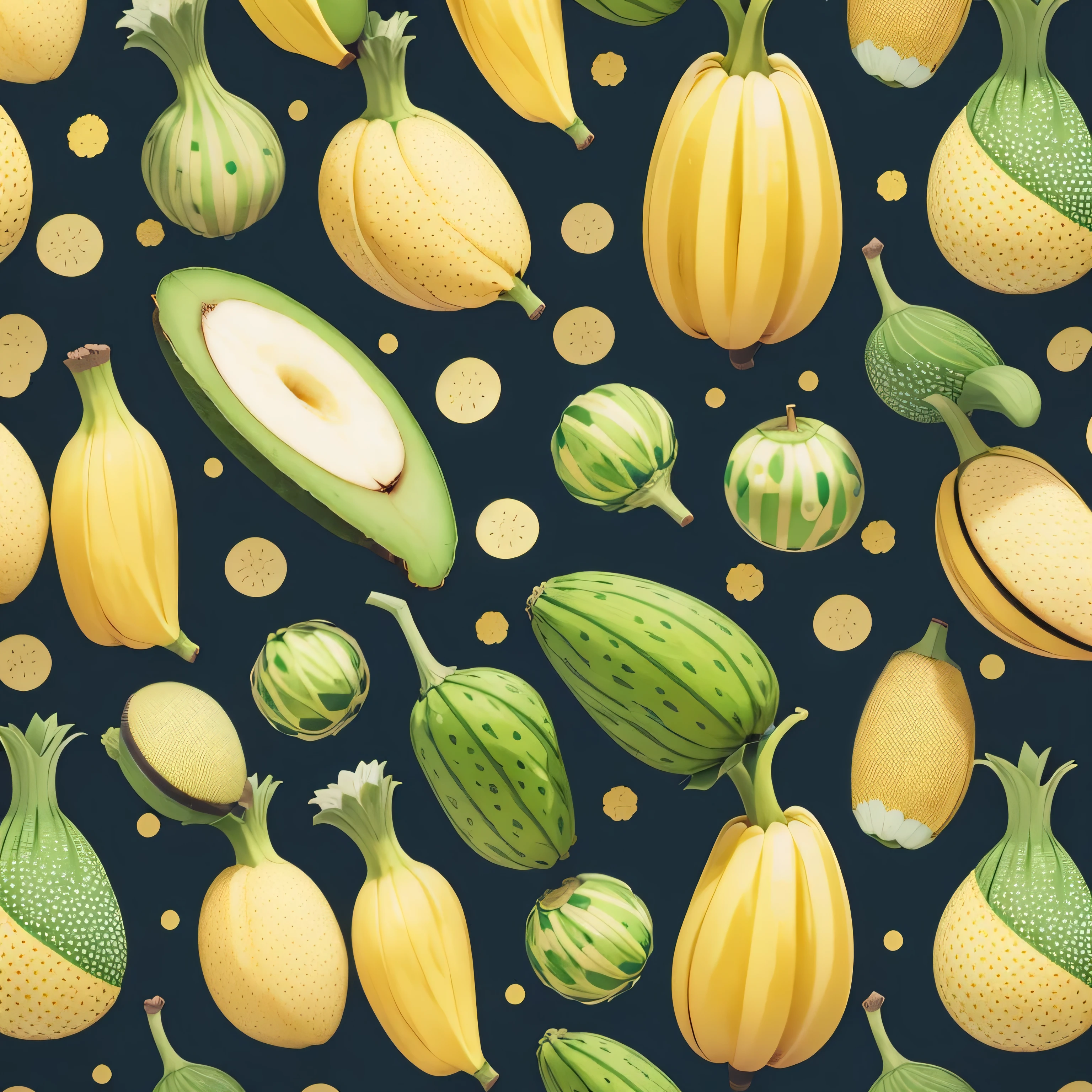 fabric pattern with bananas and polka dots with Avocado halves with abstract geometric shapes 
