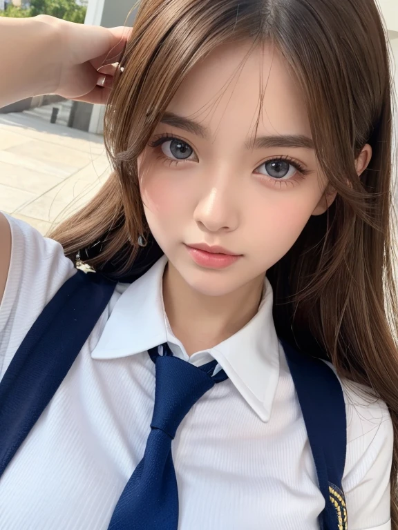 (table top:1.4, Photoreal:1.4, 8K), highest quality, masterpiece, ultra high resolution, perfect dynamic composition, big face、round face、((light brown hair, long hair, curly hair))、Highly detailed skin and facial textures:1.3, Detail of limbs, 1 girl, Cute sexy 22 year old woman, (sunburn:1.0), ((completely enchants you:0.9)), ((school uniform, white collared short sleeve shirt, Striped tie)),Medium chest, (distant eyes, beautiful eyes, blue eyes、Eyes that feel beautiful eros:0.85), sexy face:0.4, (closed mouth、small mouth、thick lips、A taste of beautiful eroticism:0.85), ((Too cute beauty:0.9))、gal makeup、((extreme close up))