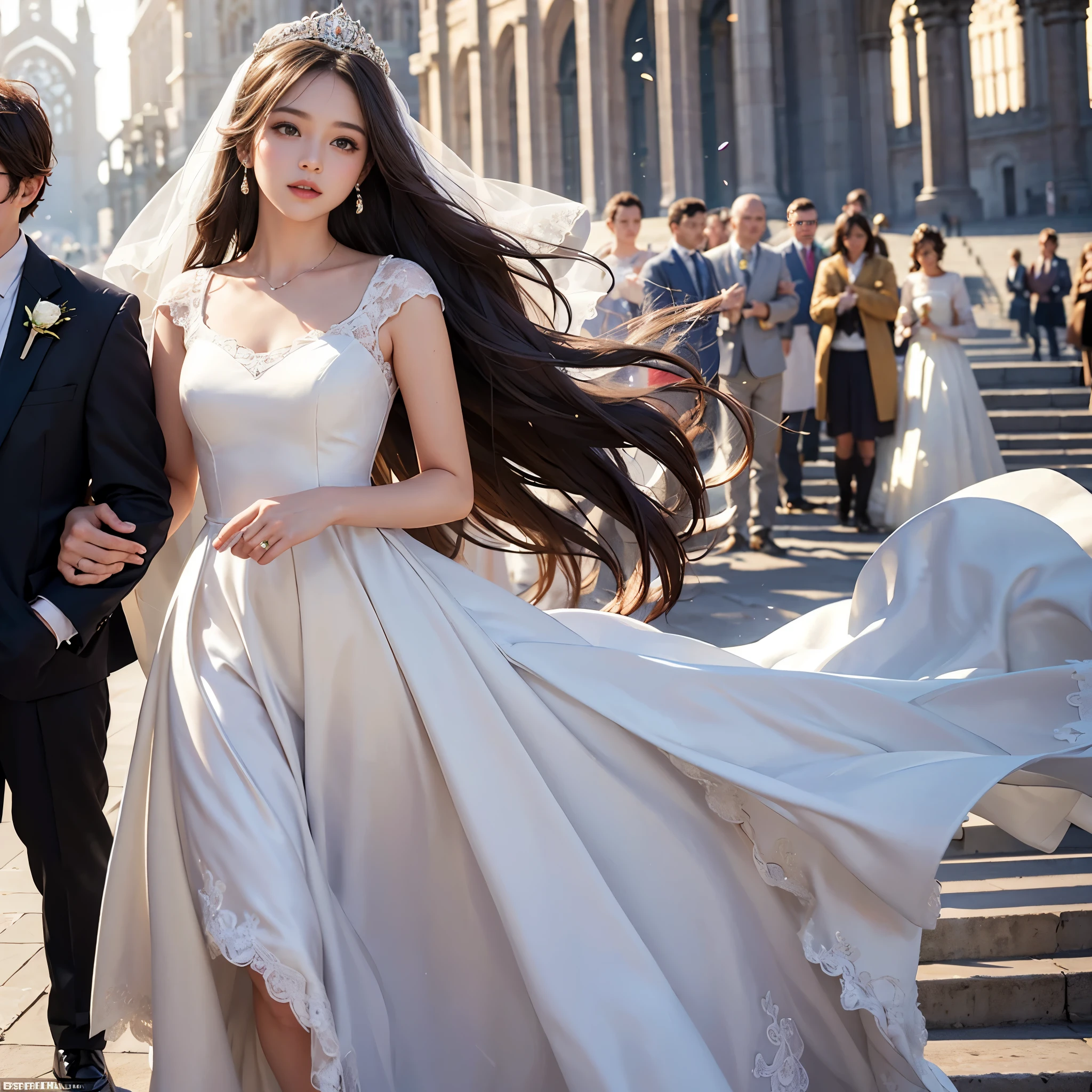 best quality, masterpiece, 1 girl, (yak), cute , shiny lips, sweet, sun glare, Conservative attire, bell-line wedding dress, bridal tiara, depth of field, blurred background, Cathedral Background, light particles, strong wind, head tilt, long hair, 