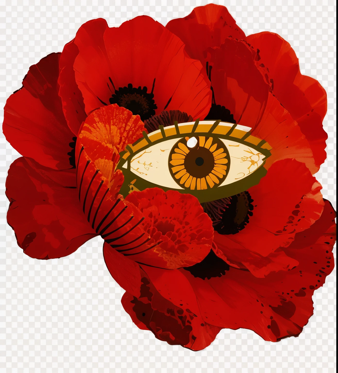 there is a red poppy with a yellow eye on it, one eye red, red left eye, poppy, all seeing eye, mystical third eye, all - seeing eye, large red eyes, flower pop art, 3rd eye, celestial red flowers vibe, without eye, steampunk eye, eye art, one eye is read, red flower, huge rose flower face, detailed red poppy flower with an eye inside it
