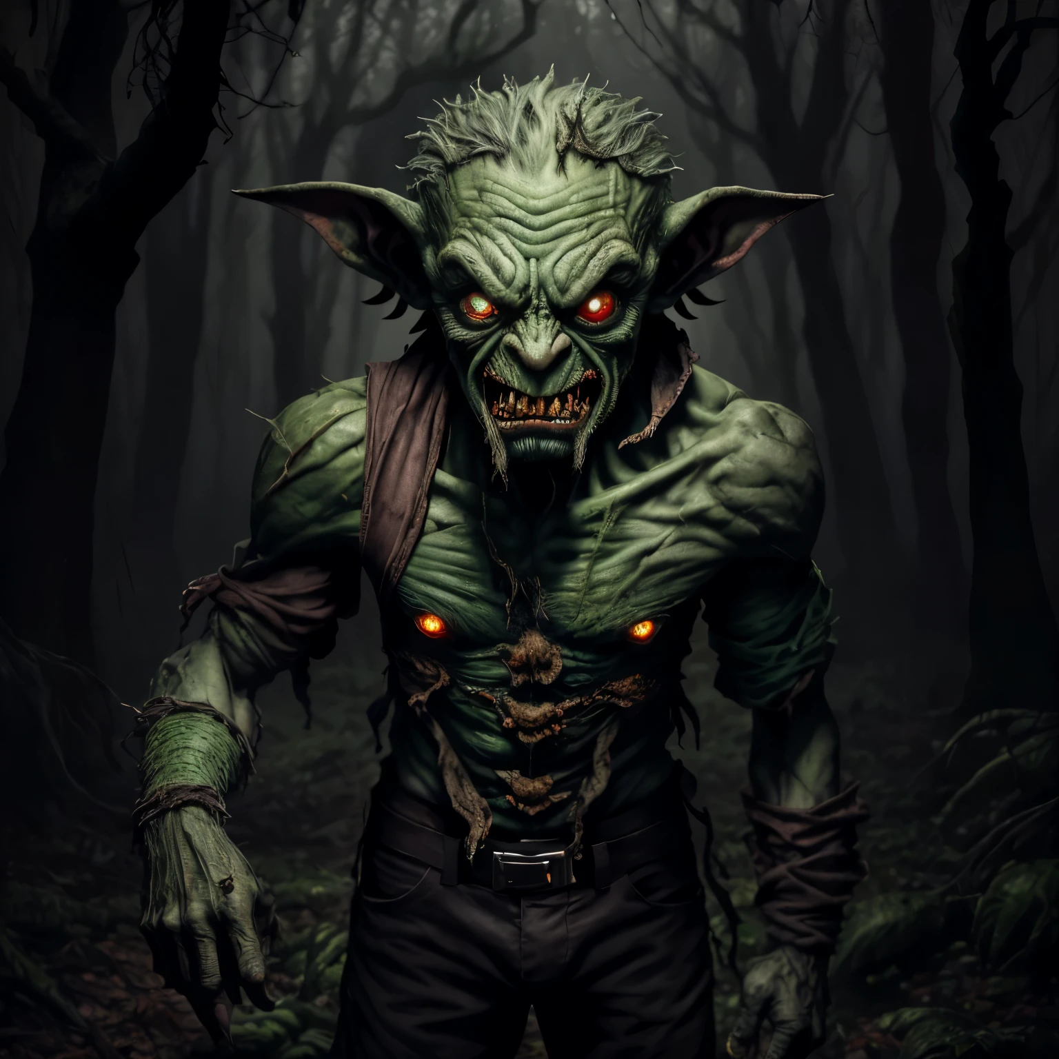 A realistic goblin figure, hideous yet intriguing, with wrinkled green skin, beady red eyes, sharp pointed teeth, and scruffy matted gray hair. Wearing tattered and ragged clothes, this goblin appears moody and mischievous, lurking in a dimly lit, mostly cloudy forest scene, with shadows playing on its twisted form. Detailed, hiper realista, ultra definition, 8K, super sharp imagery.