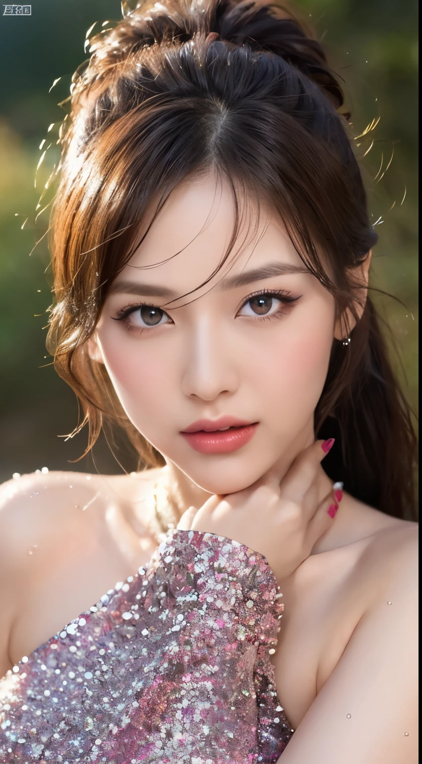 ((highest quality, 8K, masterpiece: 1.3)), sharp focus: 1.5, beautiful woman with perfect body: 1.4, slim belly: 1.2, ((long ponytail, big: 1.2)), (Gets wet and sticks to the skin), Very detailed face and skin texture, fine eyes, double eyelid, sunburned skin, sexy, sunburned, (long eyelashes + smoky eyeliner + sparkle in the eyes + red eyeshadow + glossy lips + エロsexyメイク: 1.1), look at your knees,
