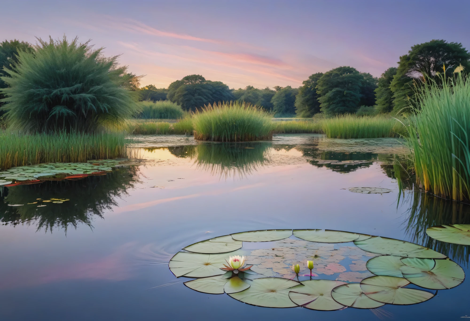 A beautiful evening pond in evening colors, thickets of sedges and water lilies, the evening sky is reflected in the mirrored surface of the pond, a bird's nest floats in the center of the pond, an evening pond, mosquitoes, dragonflies, a palette of evening colors, quiet, calm, beautiful, the image is shown in detail, 32k, imitation of the Ridgeway Knight style. artistic image