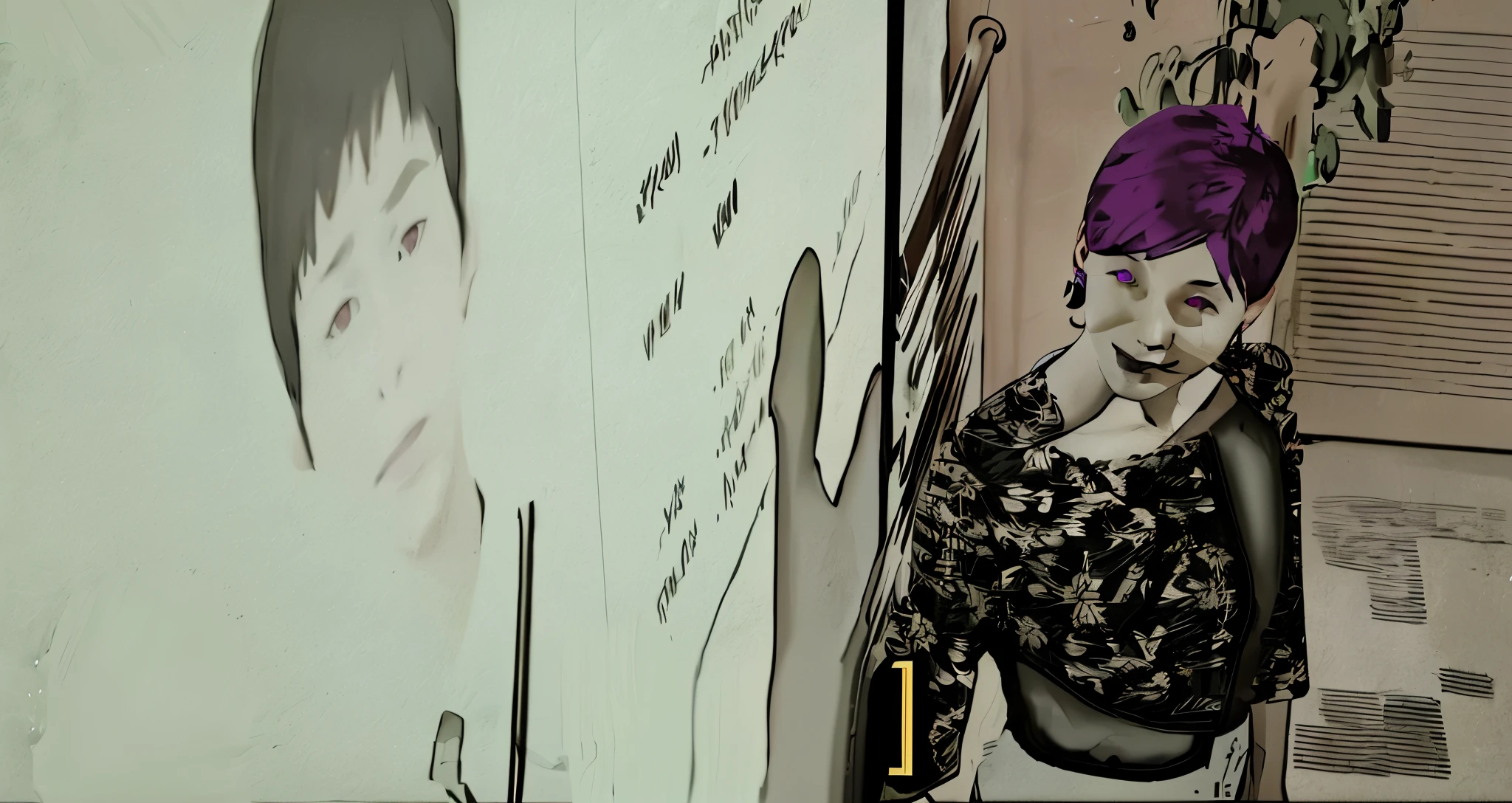 There is a woman looking at a board that has the image of a 16 year old boy with gray hair