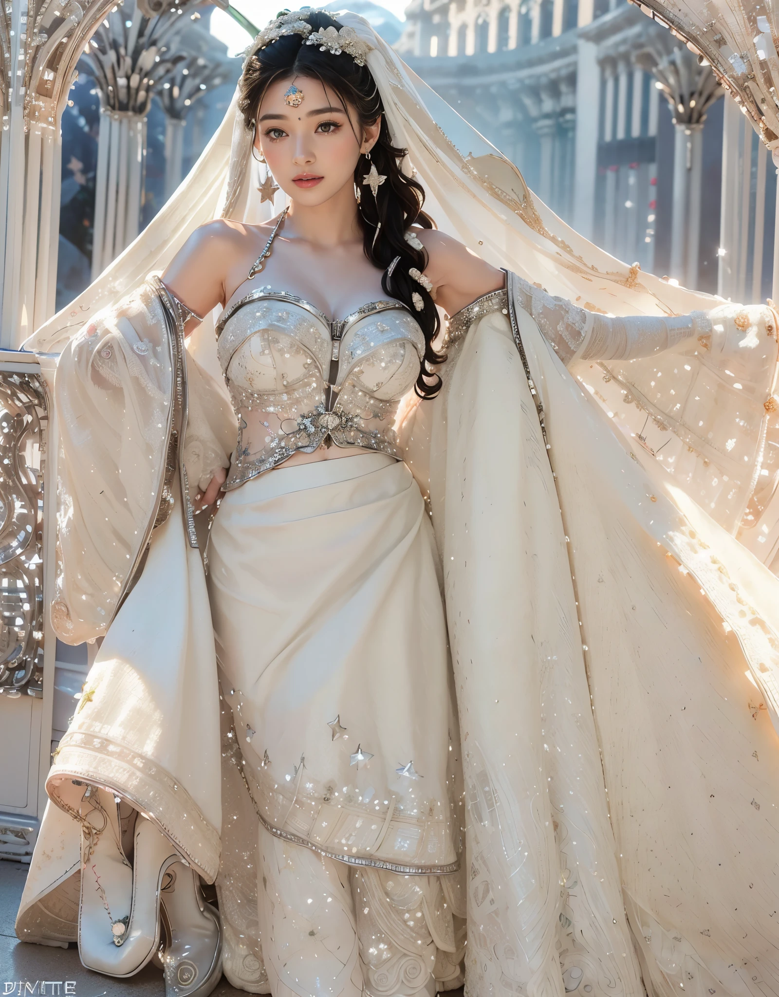 (((very heavy chest))),NSFW, 16k raw photos, highest quality, masterpiece, ultra high resolution, ((highly exposed)).movie, 1 girl,((attractive expression)),eyes shine、 looking at the viewer, 自然な肌の質感very heavy chest))),((((Ivory wedding gown with intricate silver star embroidery:1.4) paired with (metallic silver heels:1.1). Accessorized with (crystal star hair pins:1.3), (moonstone drop earrings:1.2), and (a delicate bracelet with tiny star charms:1.0). )))、((yellow eyes)),Realistic eye and face details, lip whole, lipstick makeup), ponytail, laughter, 美feet, tall woman, ((glowing skin)),((美しいarmpit)), slim_feet, huge breasts, cleavage, beautiful natural places, beautiful flower garden、(detailed background,highly exposed, huge breasts, blurred background,, JK ribbon at the neck, bangs, split your lips、armpit、beautiful hip line、glowing skin、(((eyes shine brightly))),lotion skin、High leg、((black hair)),highly exposed、wind effect、detailed lace veil、