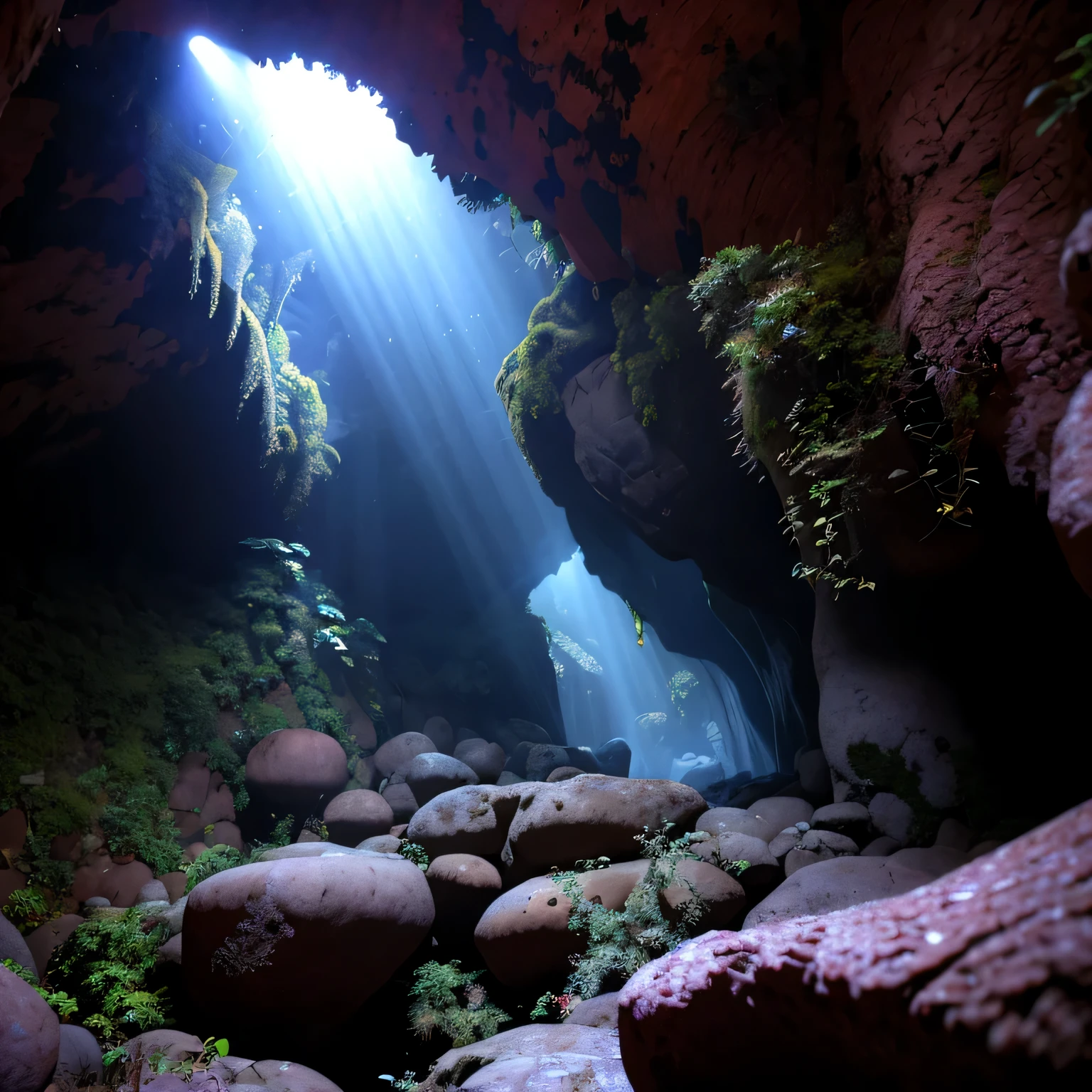 no fundo da caverna sob luz violeta e nevoa