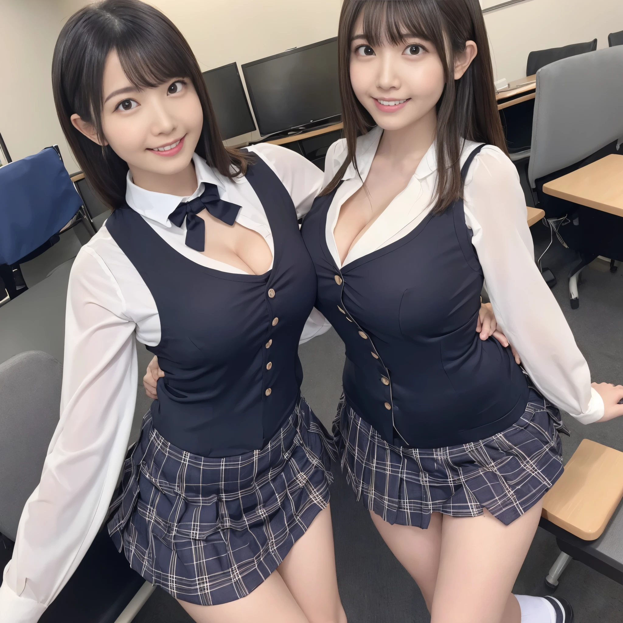 (black hair、school uniform、、short dress shirt、cropped tops、tie、sleeveless、summer clothes、Looking at me with a big smile、Navel exposed、beautiful teeth alignment、Are standing、underitting on a chair in a school classroom、cleavage is visible、plaid micro mini skirt、navy blue knee high socks、loafers、bra is visible、)professional lighting、slender、adult woman、big breasts、big ass、seductive thighs、