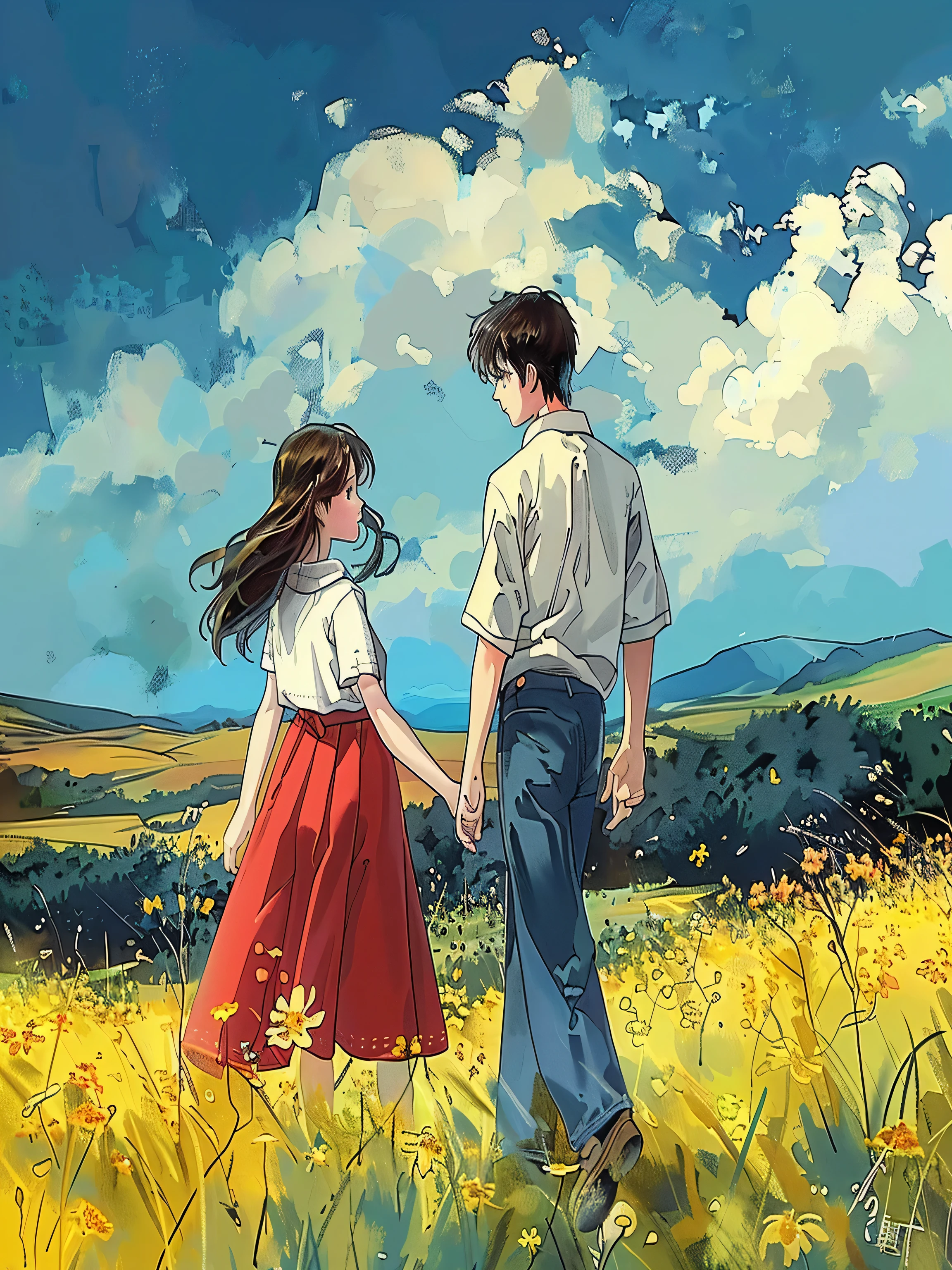 Cartoon couple holding hands walking in yellow flower field, Xin Haicheng cyril rolando, sakimichan and Xin Haicheng, ( ( Xin Haicheng ) ), in style of Xin Haicheng, Beautiful anime, fiona staples and Xin Haicheng, Ghibli art style, Ghibli art style, author：Hiroshi Yamagata