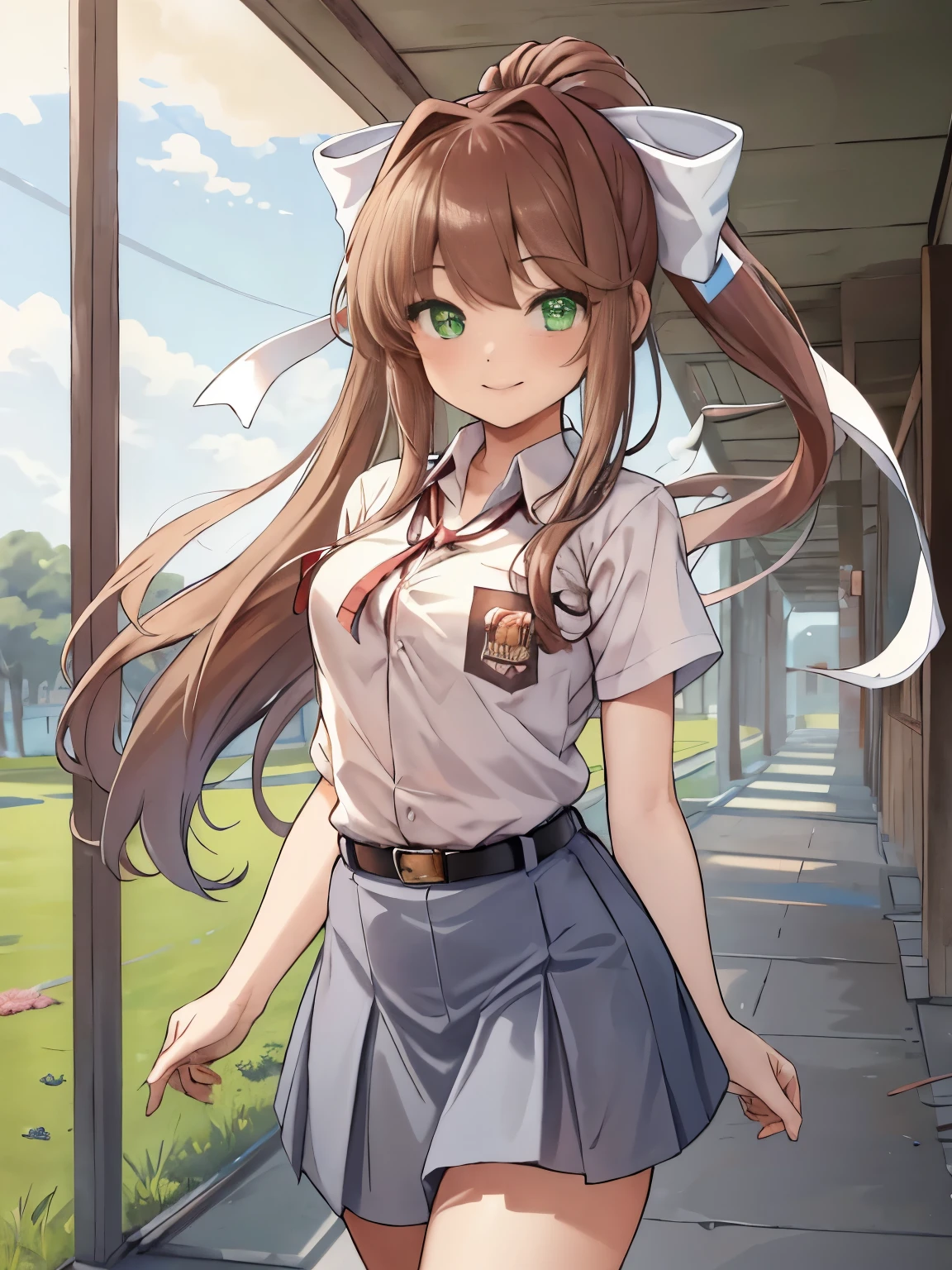 masterpiece, best quality, highres, chi1, 1girl, monika, green eyes, brown hair, very long hair, ponytail, hair ribbon, white ribbon, one side up, solo, cewe-sma, from fitting, white shirt, gray skirt, hair ornaments, belt, looking at viewer, light smile, outdoor, school