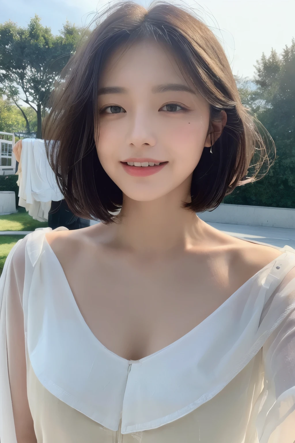 ((best quality, 8 thousand, masterpiece:1.3)), Concentrate upon: 1.2, perfect body beauty: 1.4, hip: 1.2, ((layered haircut, chest: 1.2)), (wet clothes: 1.1), (rain, distance:1.3), bandeau dress: 1.1, Highly detailed face and skin texture, good eyes, double eyelid, Whitening skin, long hair, (shut up: 1.3), laugh
