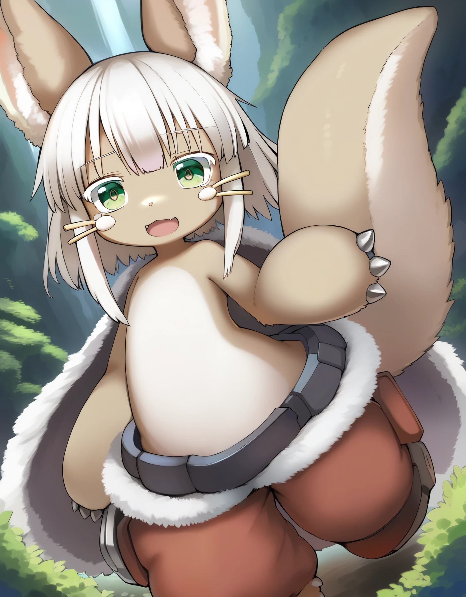 nanachi-helmetless,narehate, nanachi (made in abyss),green eyes,white hair,sidelocks,short hair,furry,tail,animal ears,puffy pants