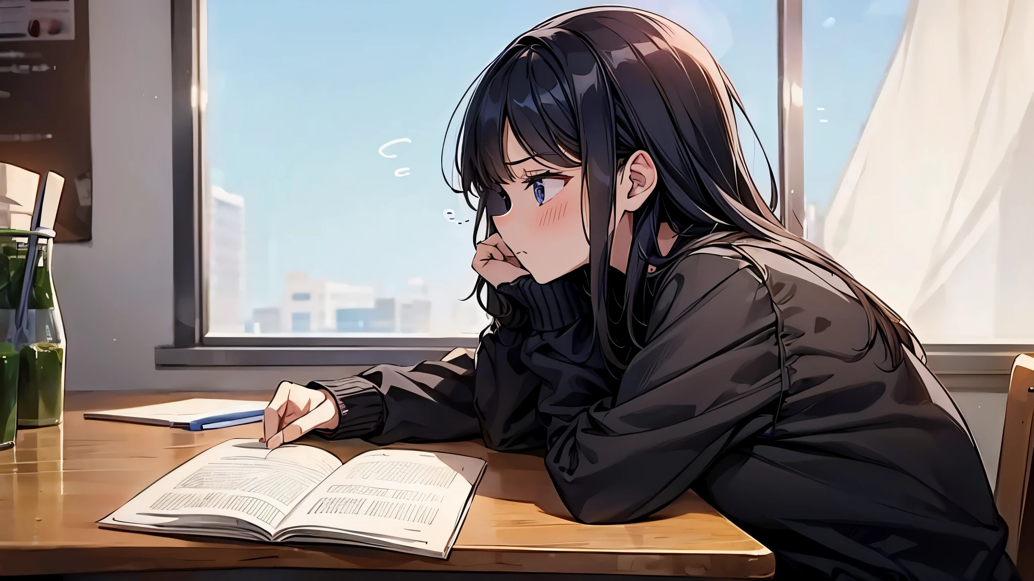 Profile of her studying seriously during class、sad expression,Troubles in love