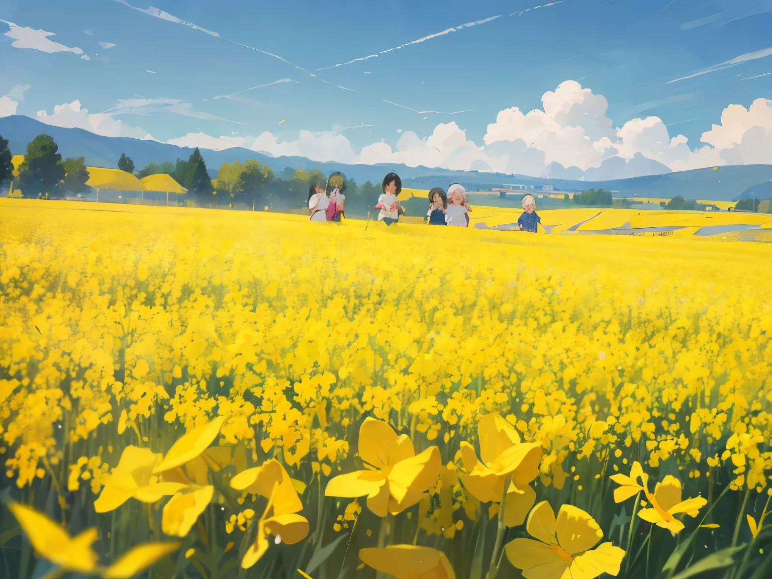 ergarting outing,Canola flower field,Photograph,Playful color print style
