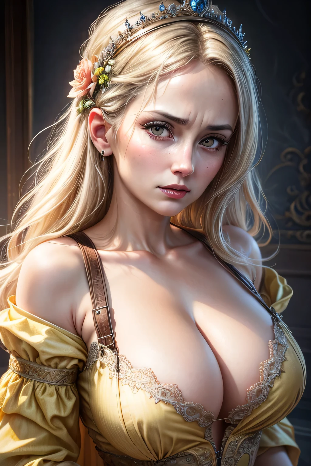 The bright eyes of a very beautiful princess, Portrait of a 35 year old mature woman, serious expression, rage, Super realistic, Super detailed, Dynamic facial expressions, big natural breasts, pastel yellow dress, detailed and beautiful eyes,beautiful detailed lips,highly detailed eyes and face,long eyelashes, detailed face, masterpiece, 最high quality, high quality, High resolution,